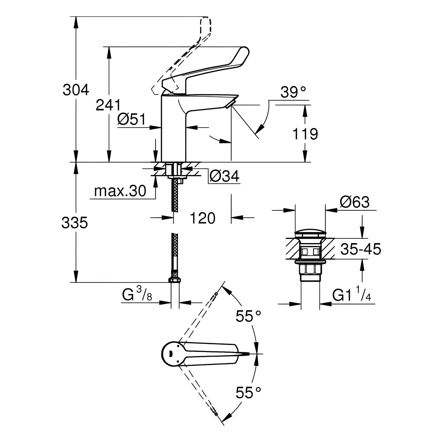 Rysunek techniczny baterii umywalkowej z wymiarami, Grohe