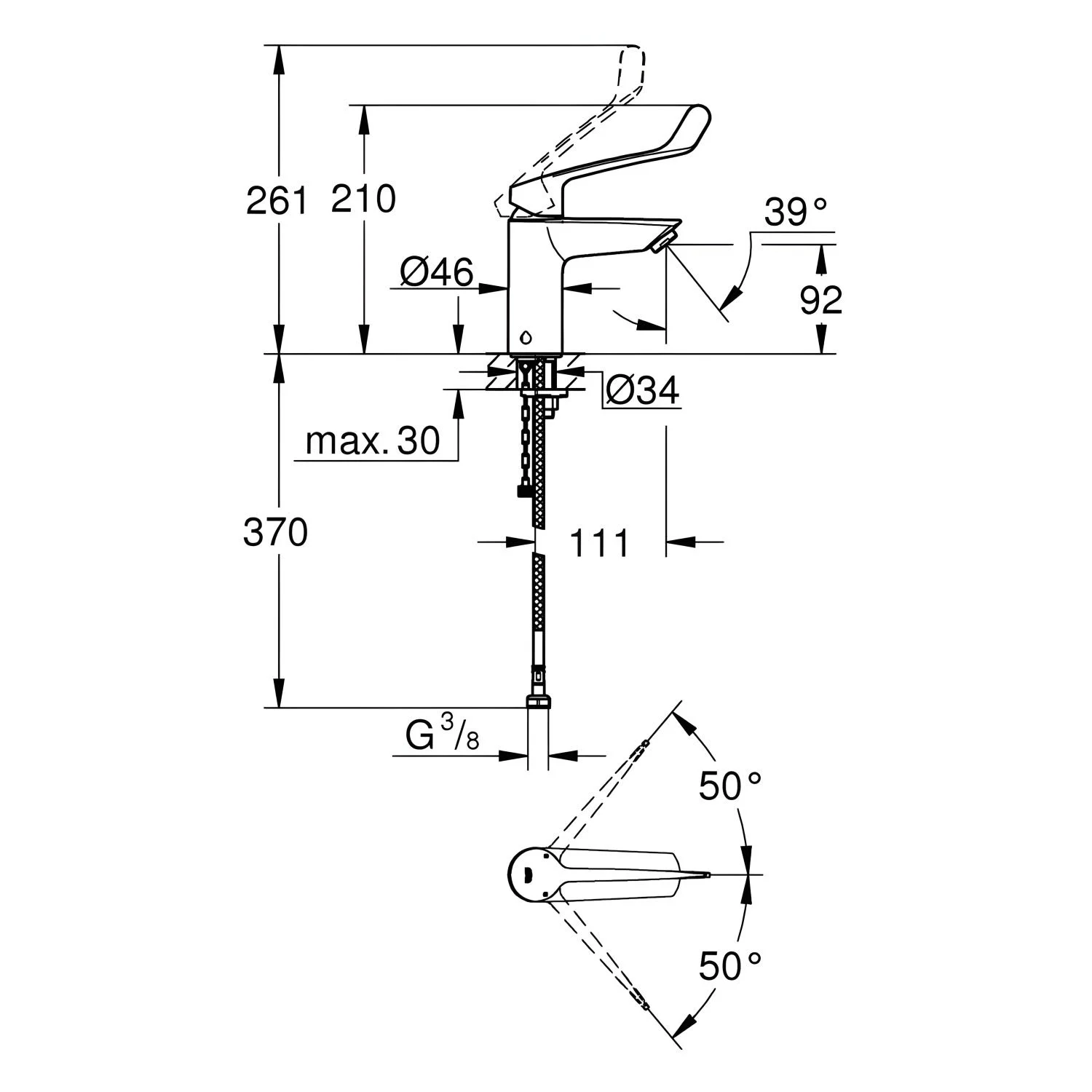 Rysunek techniczny baterii umywalkowej z wymiarami, Grohe