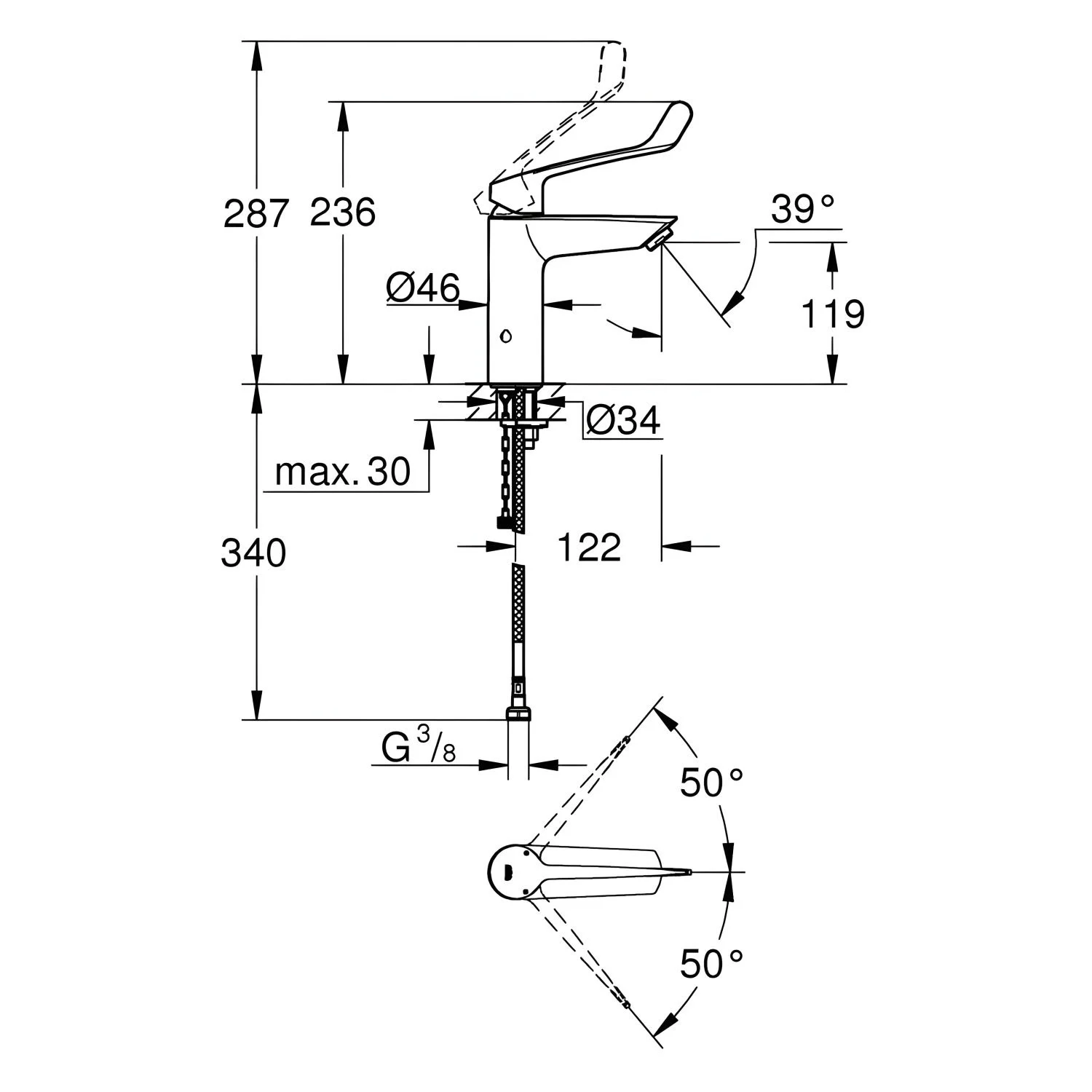 Rysunek techniczny baterii umywalkowej z wymiarami, Grohe