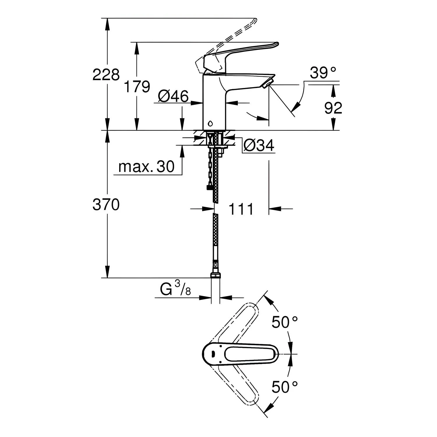 Rysunek techniczny baterii umywalkowej z wymiarami, Grohe