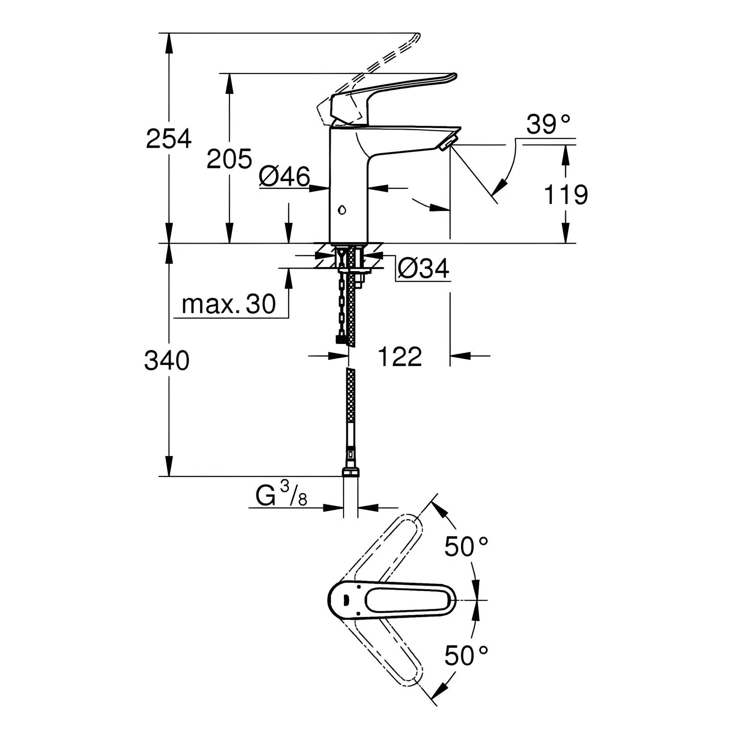 Rysunek techniczny baterii umywalkowej z wymiarami, Grohe