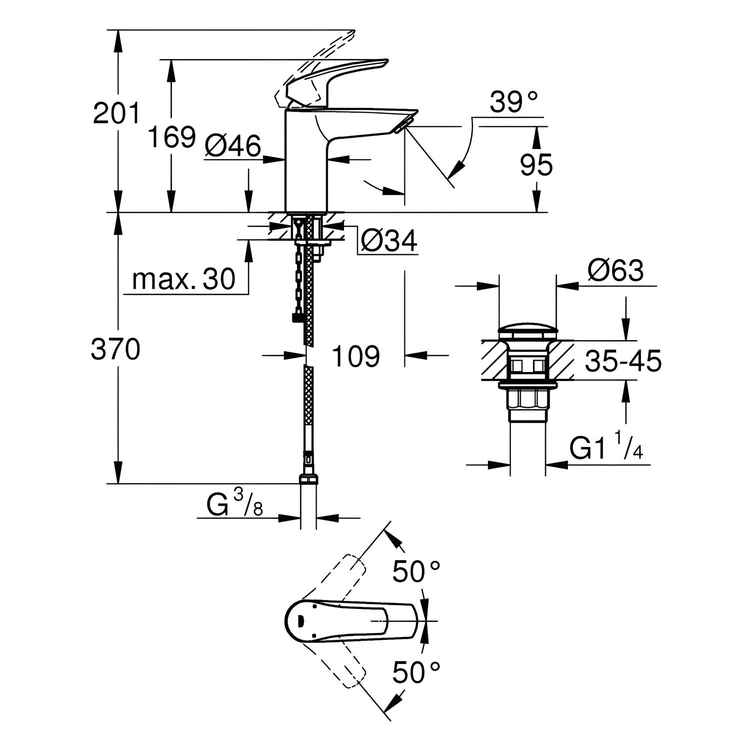 Rysunek techniczny baterii umywalkowej z wymiarami, Grohe