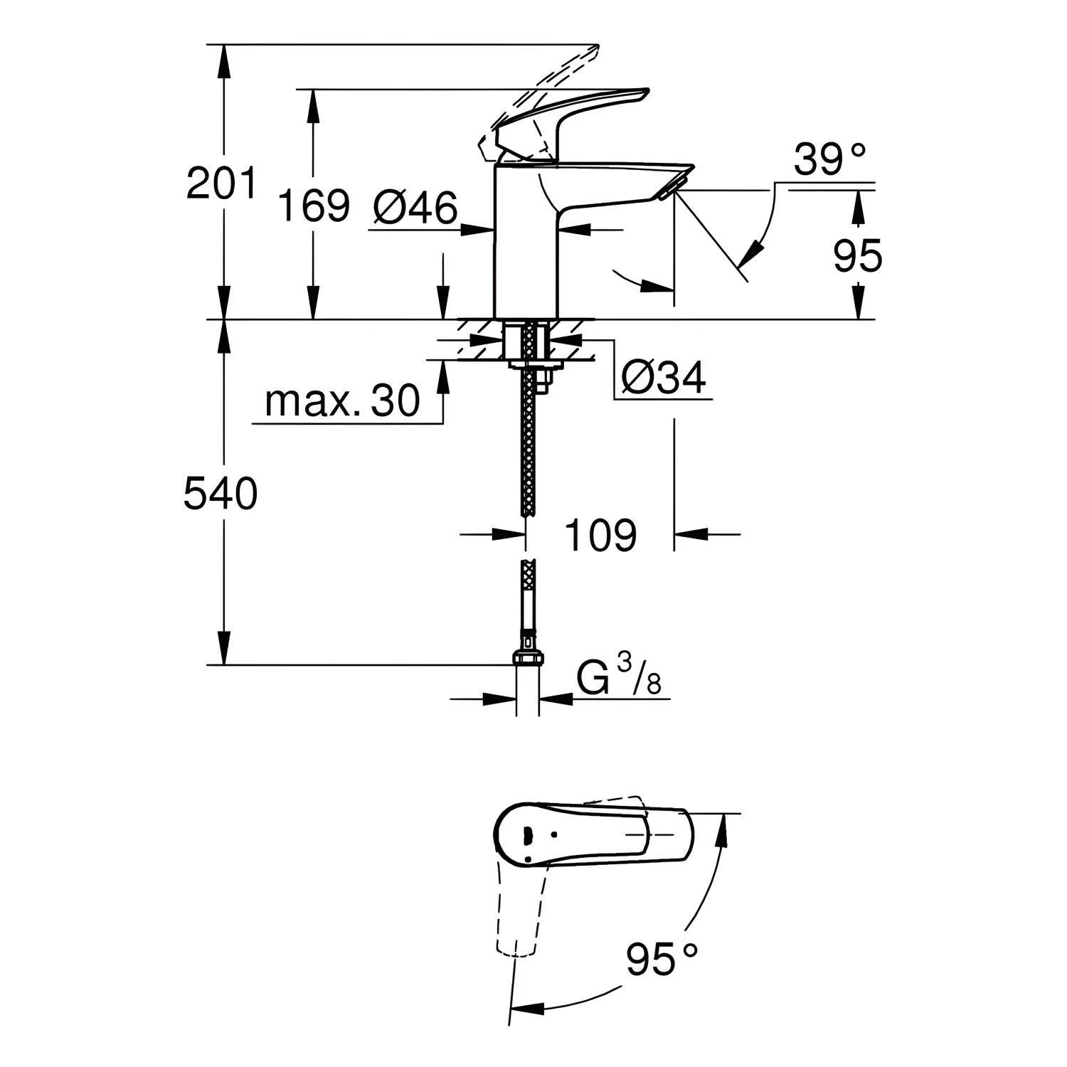 Rysunek techniczny baterii umywalkowej z wymiarami, Grohe
