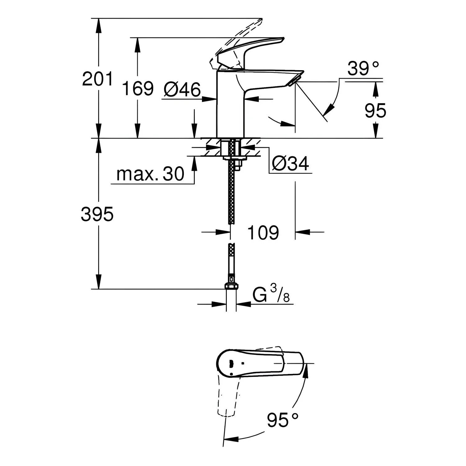 Rysunek techniczny baterii umywalkowej z wymiarami, Grohe