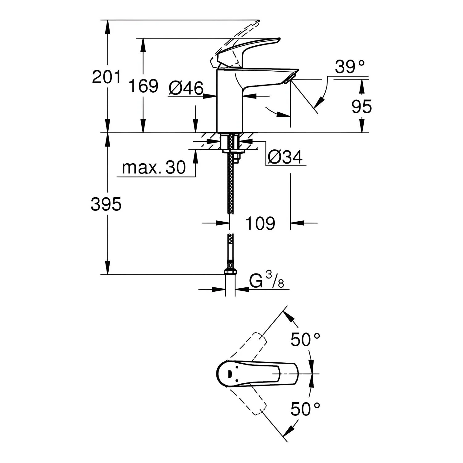 Rysunek techniczny baterii umywalkowej z wymiarami, Grohe