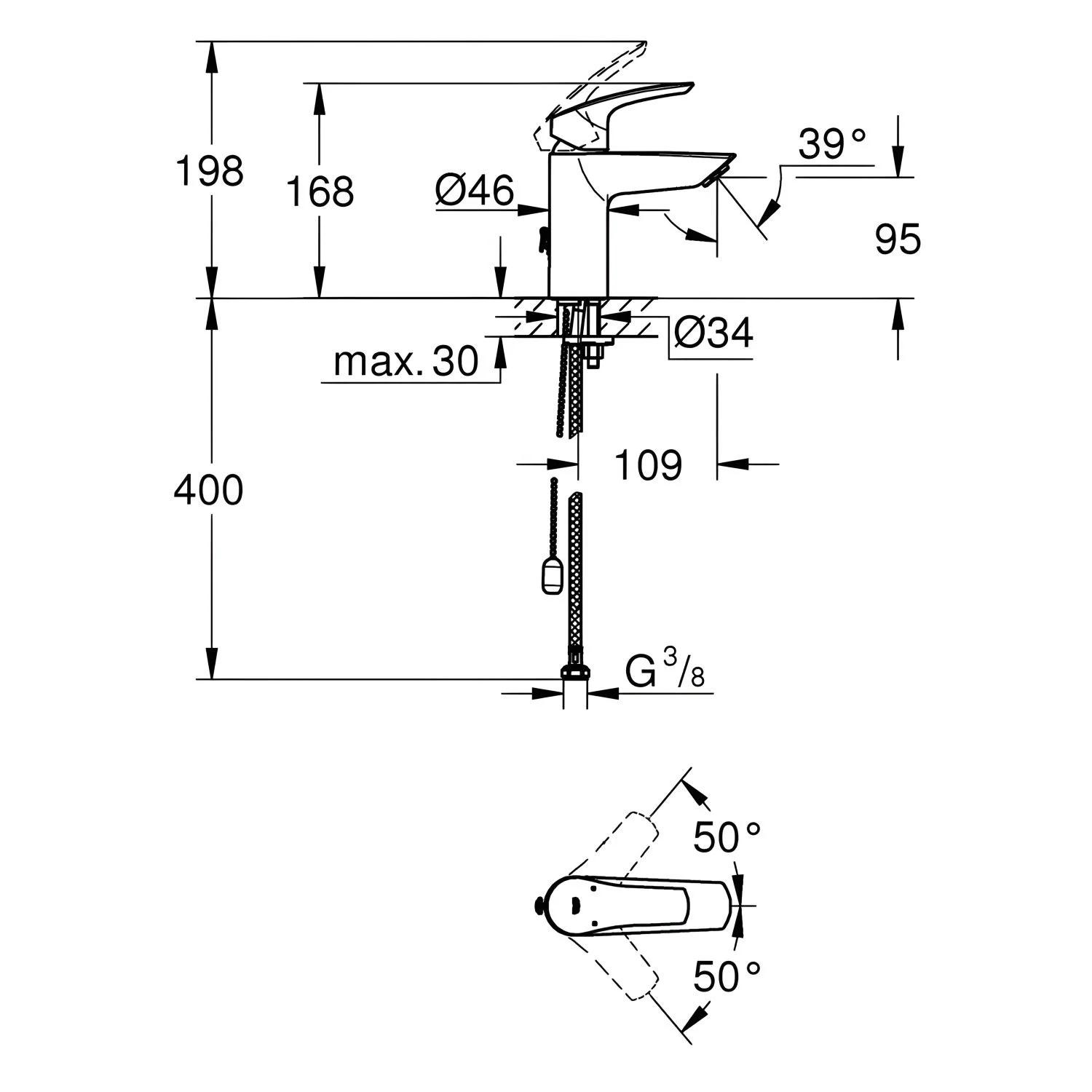 Rysunek techniczny baterii umywalkowej z wymiarami, Grohe