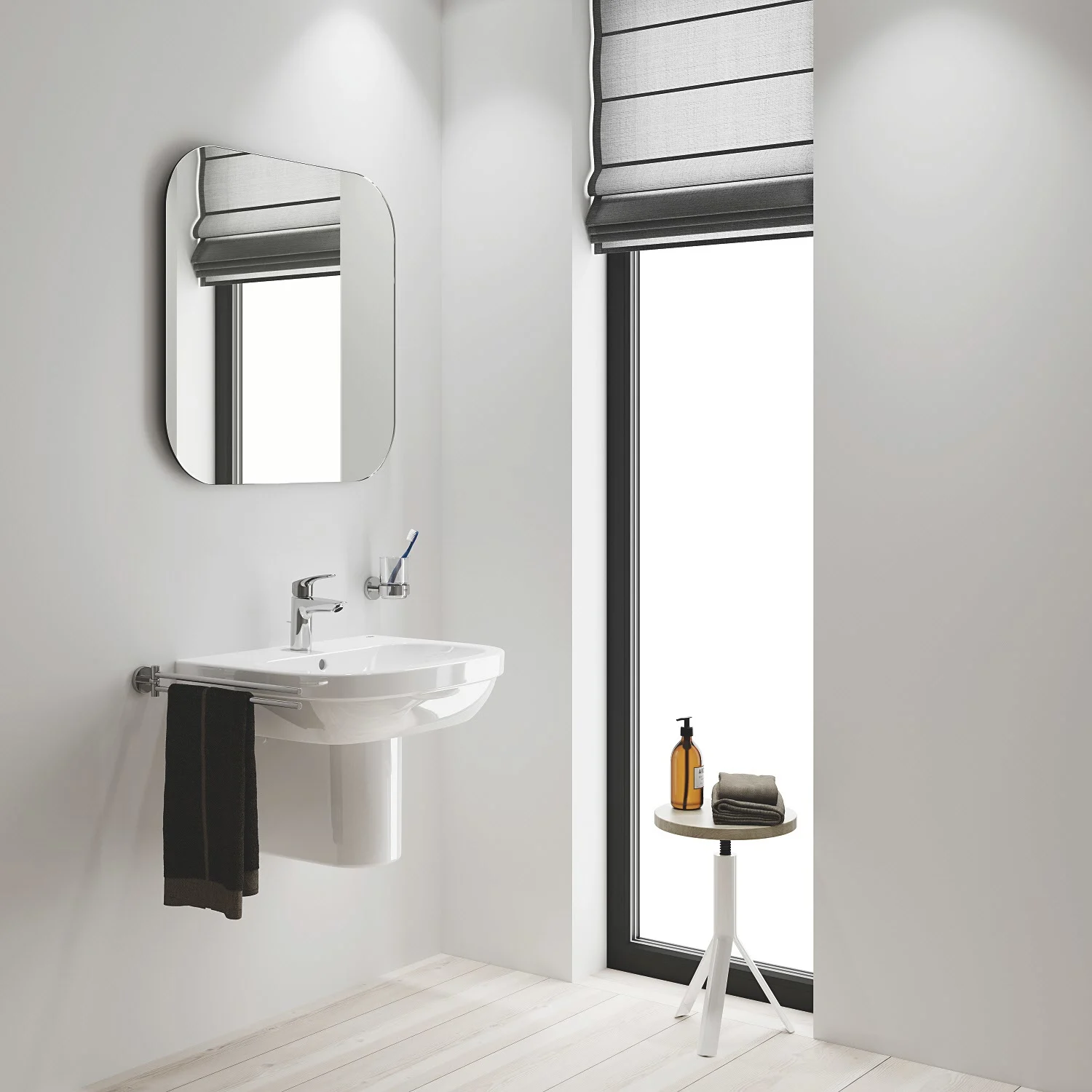 Bateria umywalkowa w nowoczesnej łazience z lustrem, Grohe