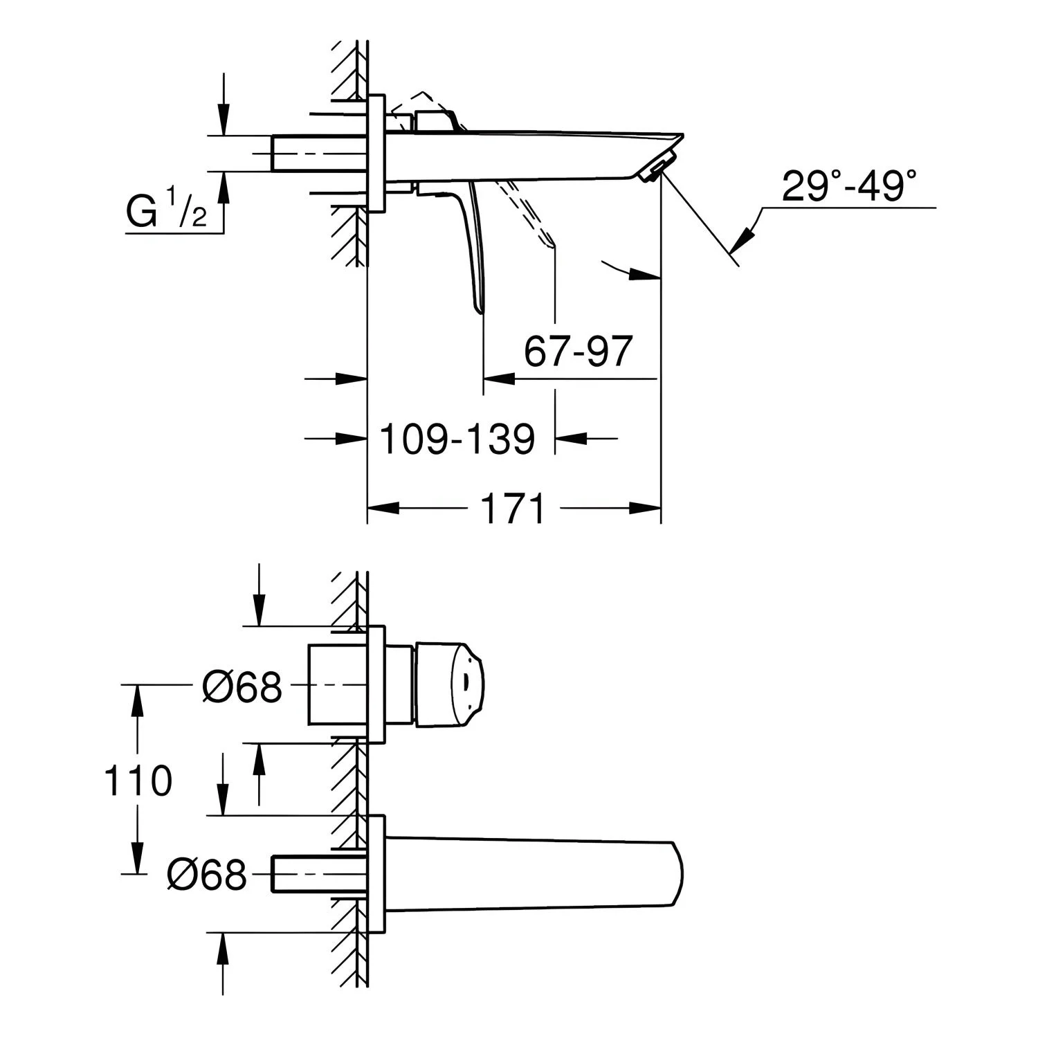 Rysunek techniczny baterii umywalkowej z wymiarami, Grohe