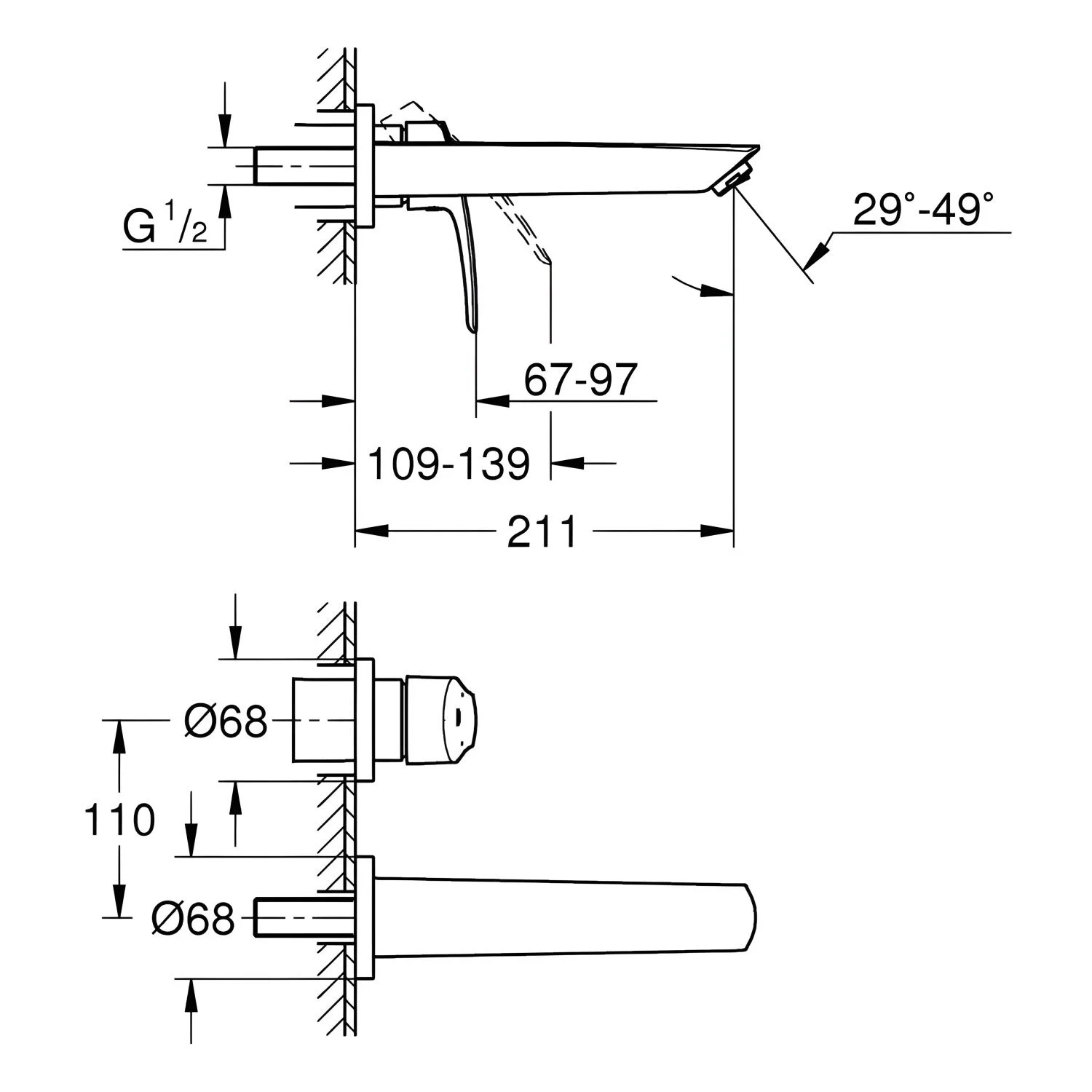 Rysunek techniczny baterii umywalkowej z wymiarami, Grohe