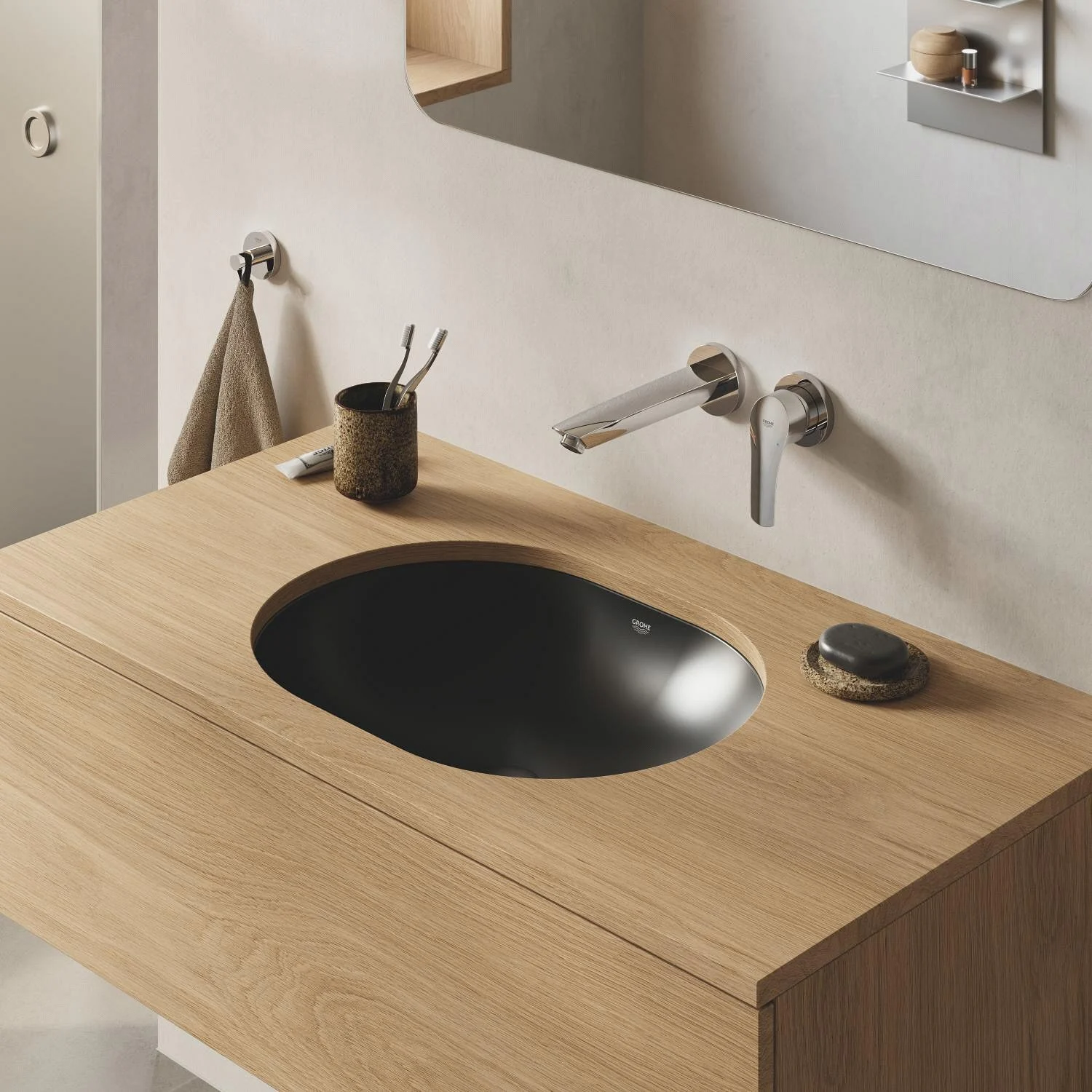 Bateria umywalkowa z nowoczesną drewnianą szafką, Grohe