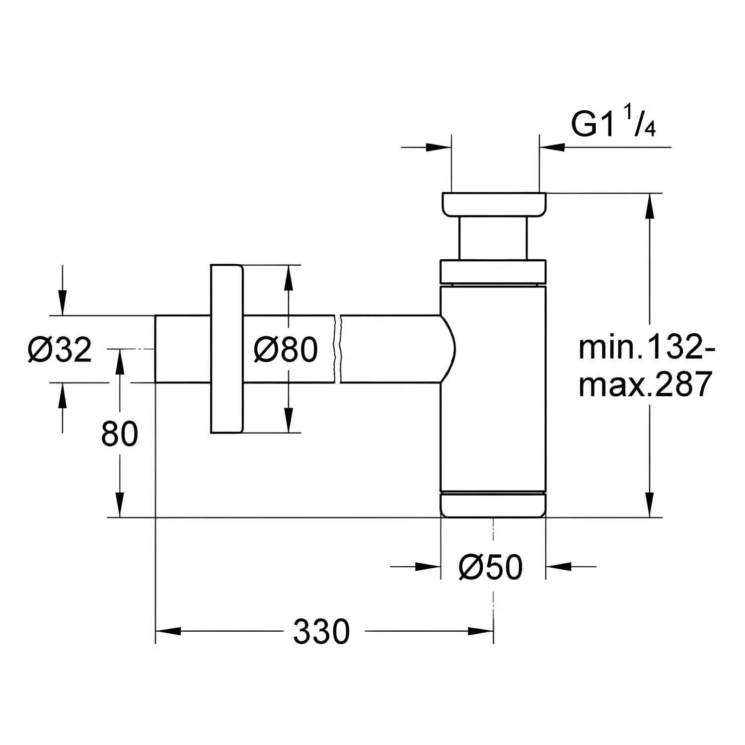 Rysunek techniczny syfonu z wymiarami, Grohe