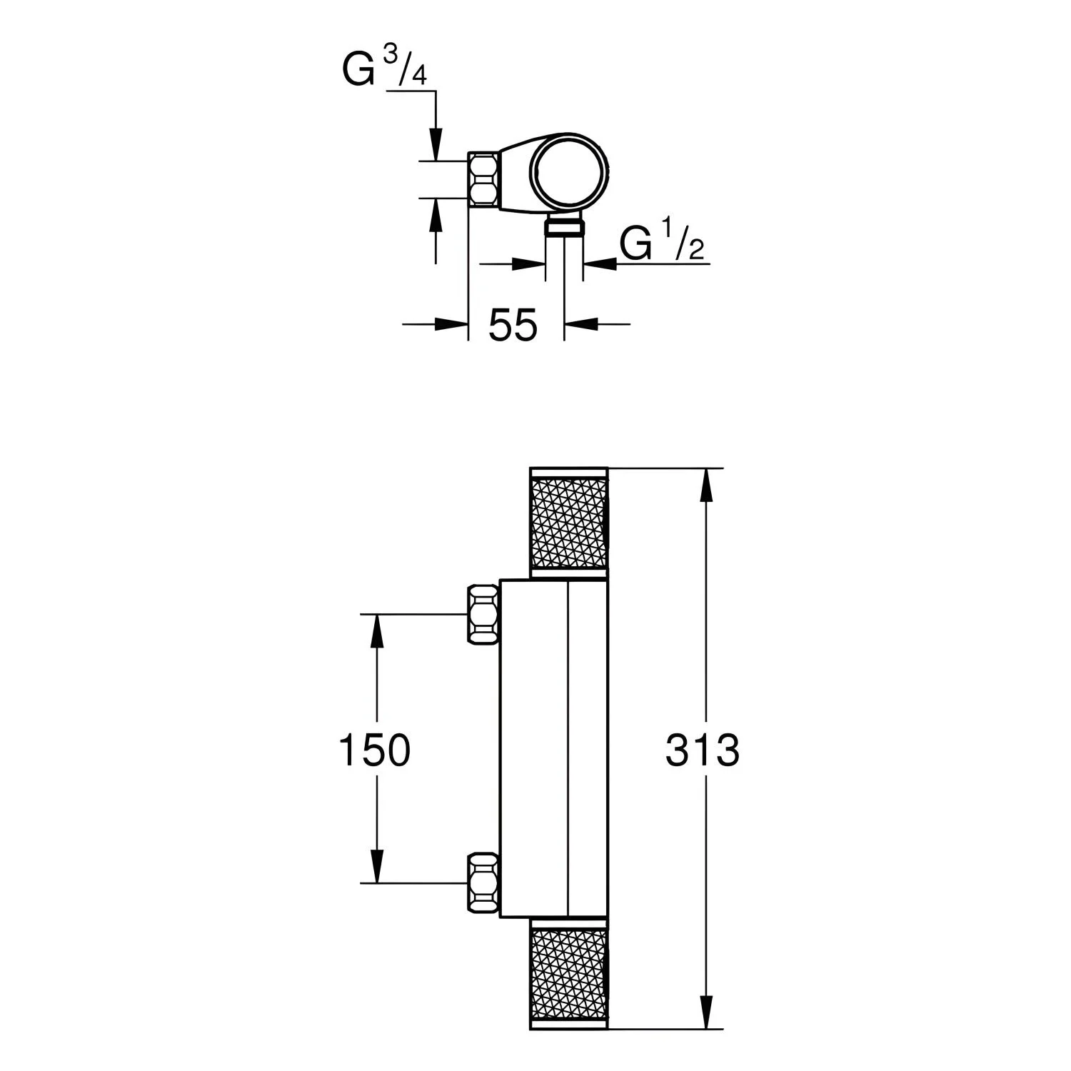 Rysunek techniczny zaworu termostatycznego z góry, Grohe