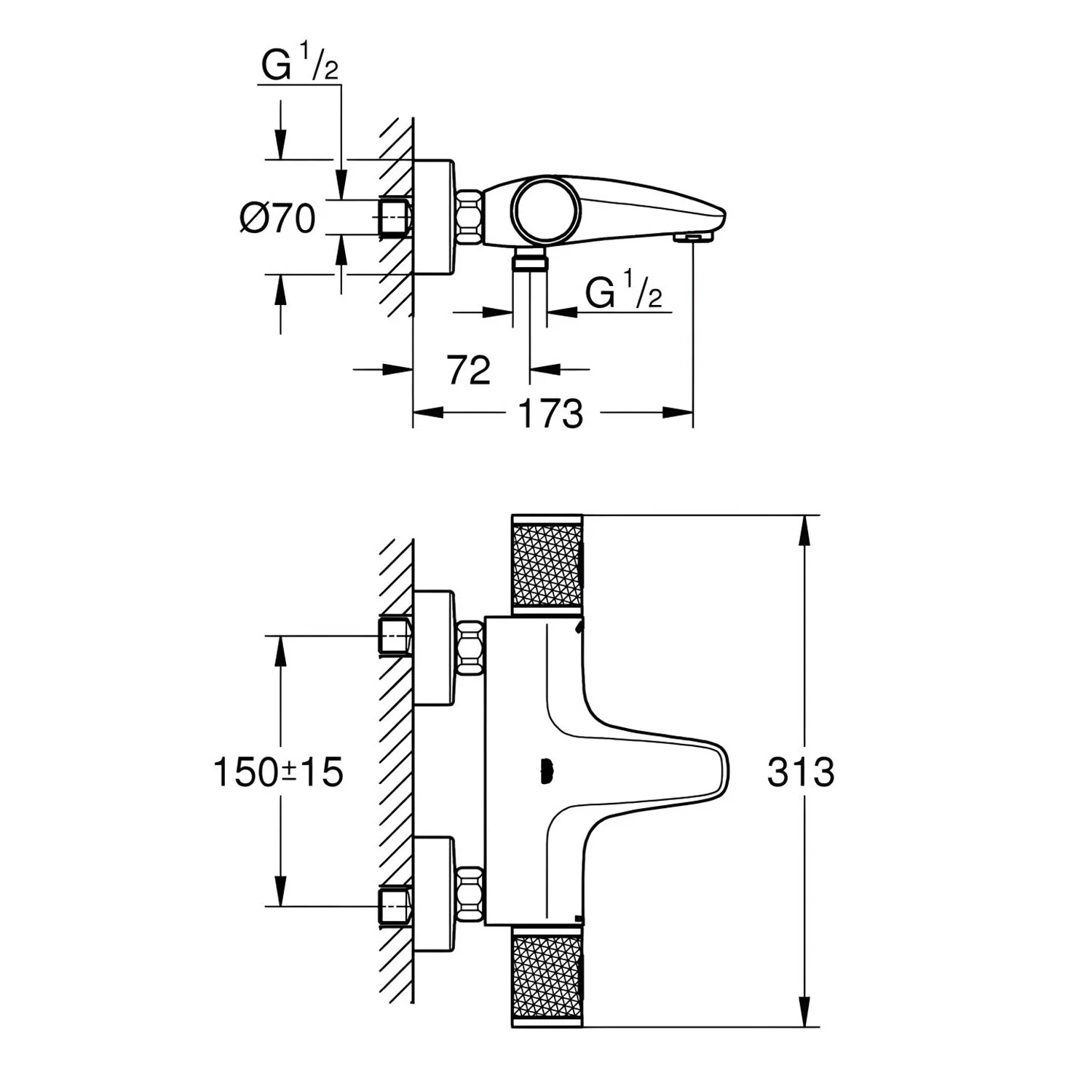 Rysunek techniczny zaworu termostatycznego z boku, Grohe