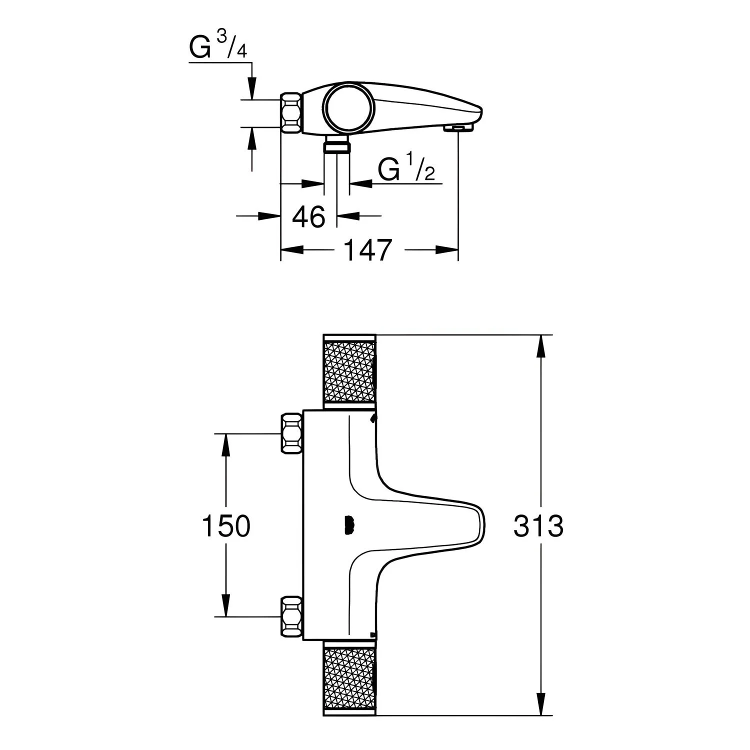 Rysunek techniczny zaworu termostatycznego z góry, Grohe