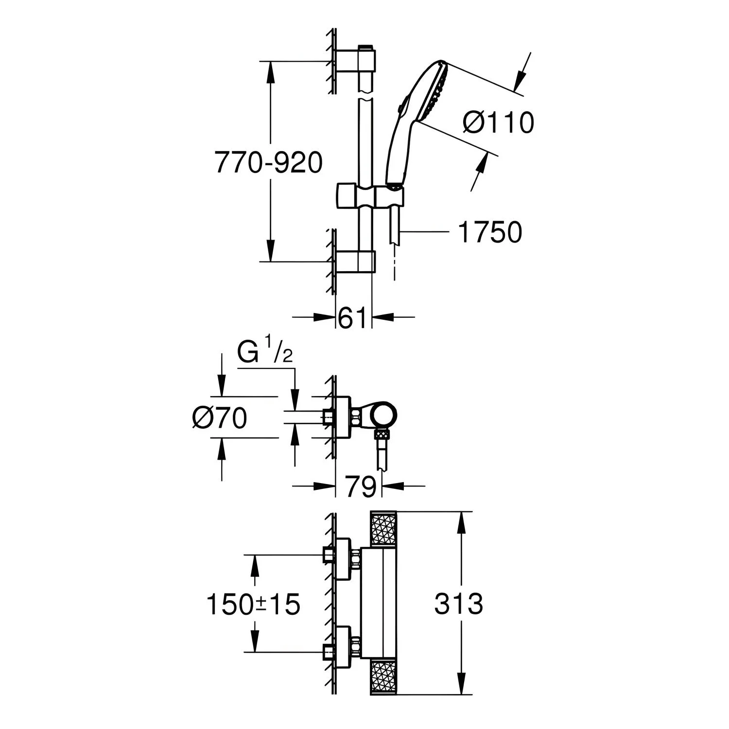 Rysunek techniczny systemu prysznicowego z termostatem i wymiarami, Grohe