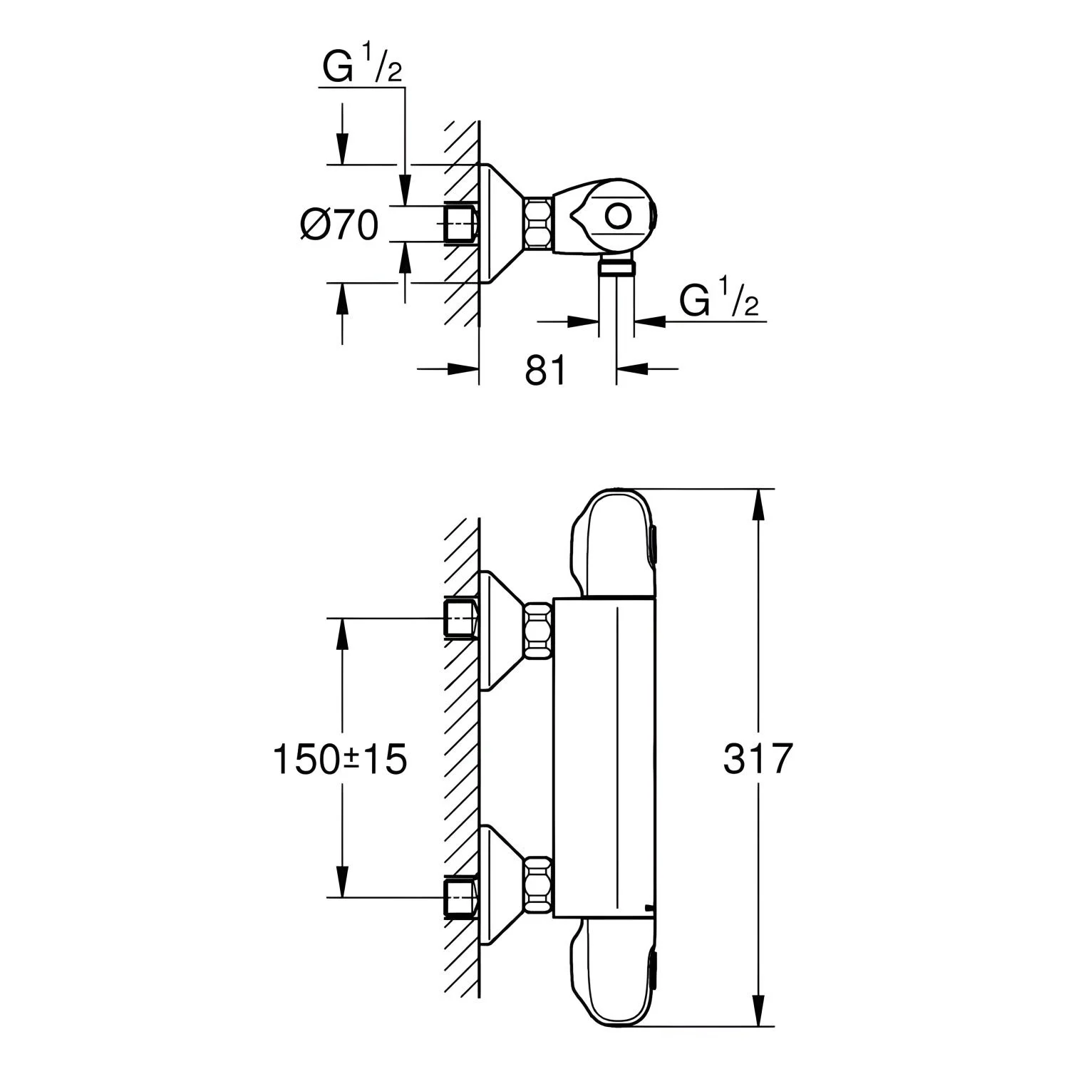 Rysunek techniczny baterii prysznicowej z wymiarami, Grohe