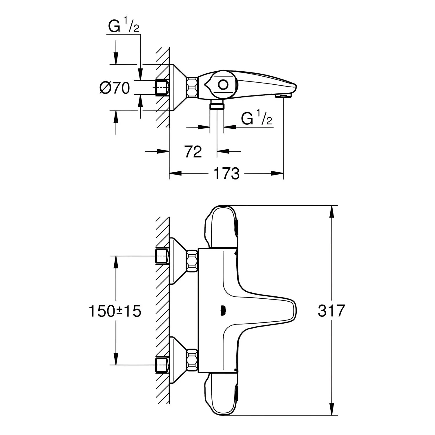 Rysunek techniczny baterii wannowej z wymiarami, Grohe