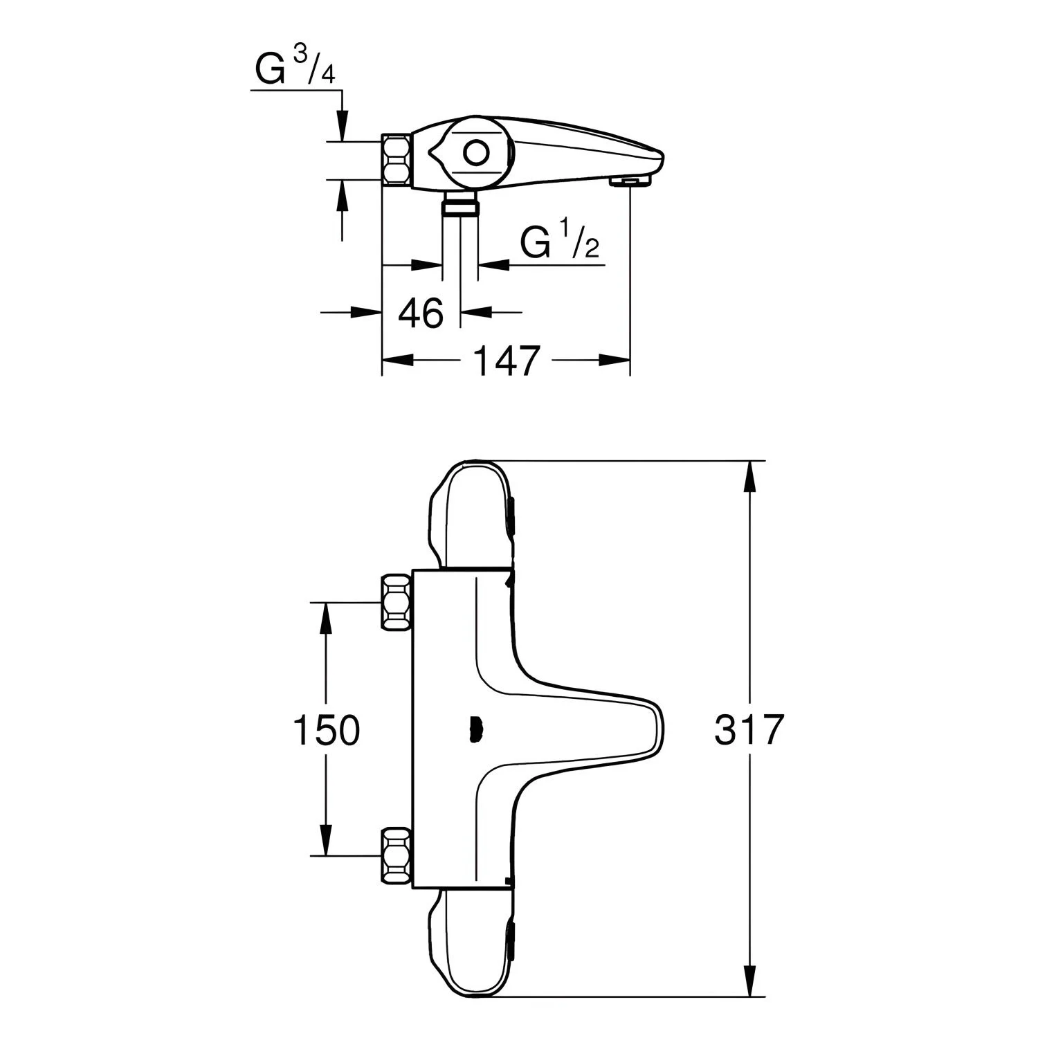Rysunek techniczny baterii termostatycznej wannowej z wymiarami, Grohe