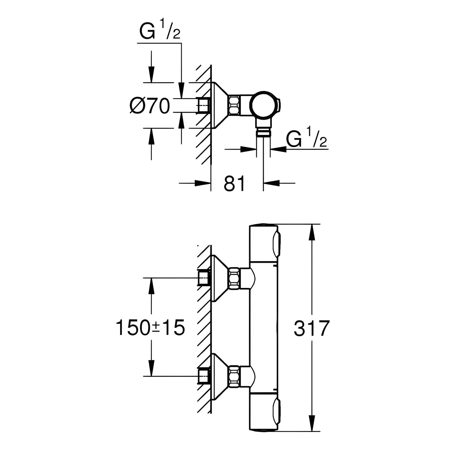 Rysunek techniczny zaworu termostatycznego, Grohe