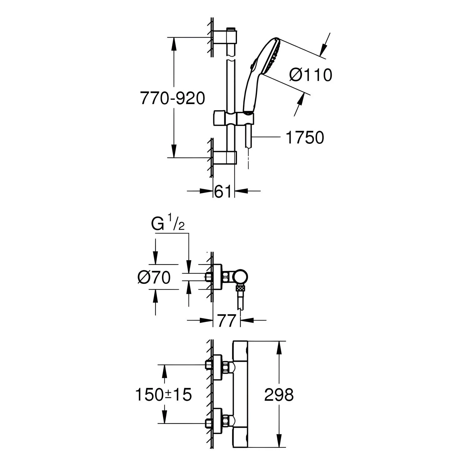 Rysunek techniczny termostatu prysznicowego z rączką prysznicową, Grohe