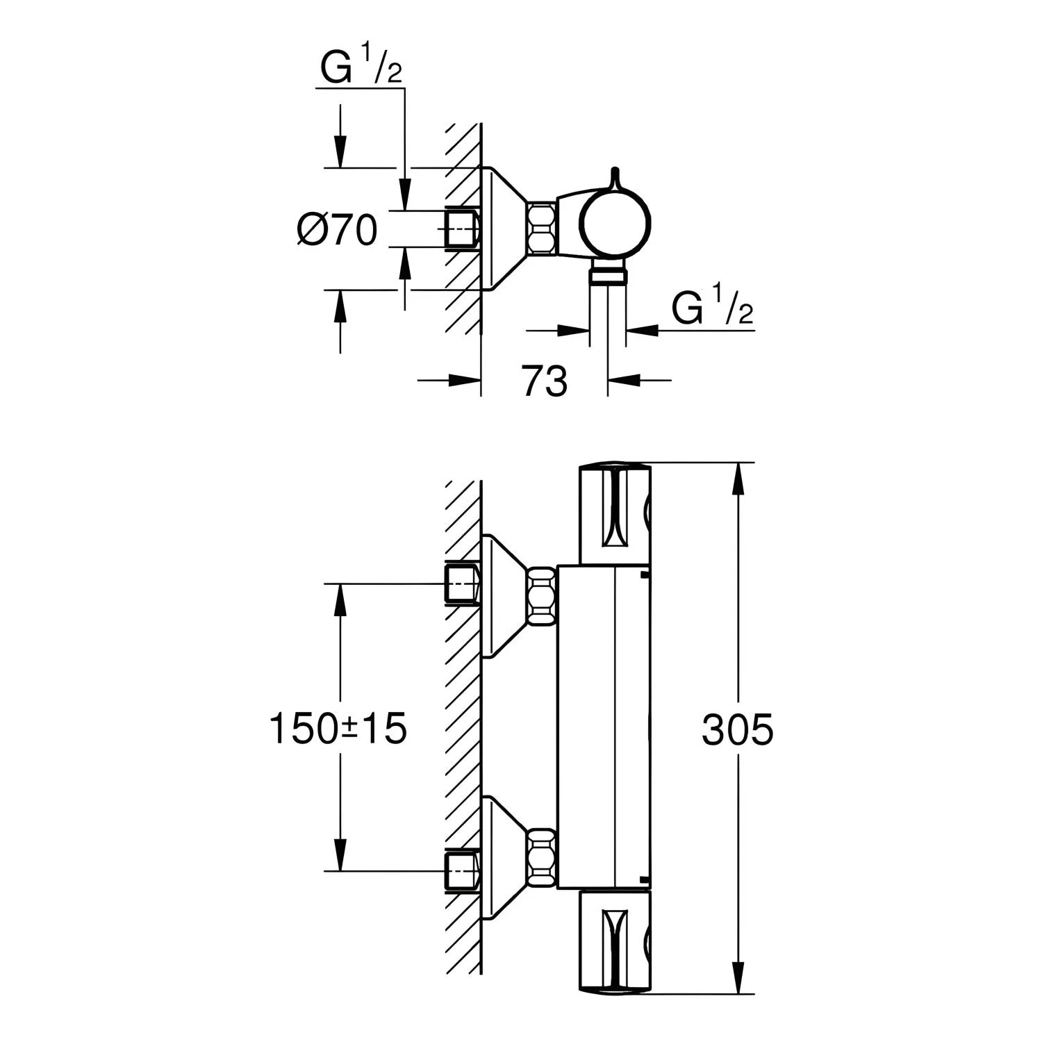 Rysunek techniczny baterii prysznicowej z wymiarami, Grohe