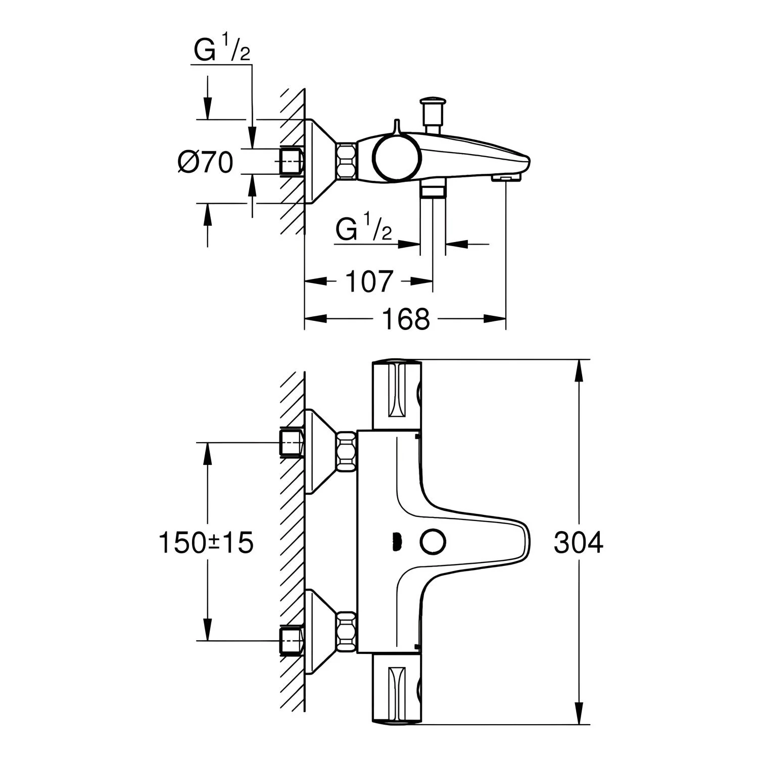 Rysunek techniczny baterii wannowej z wymiarami, Grohe