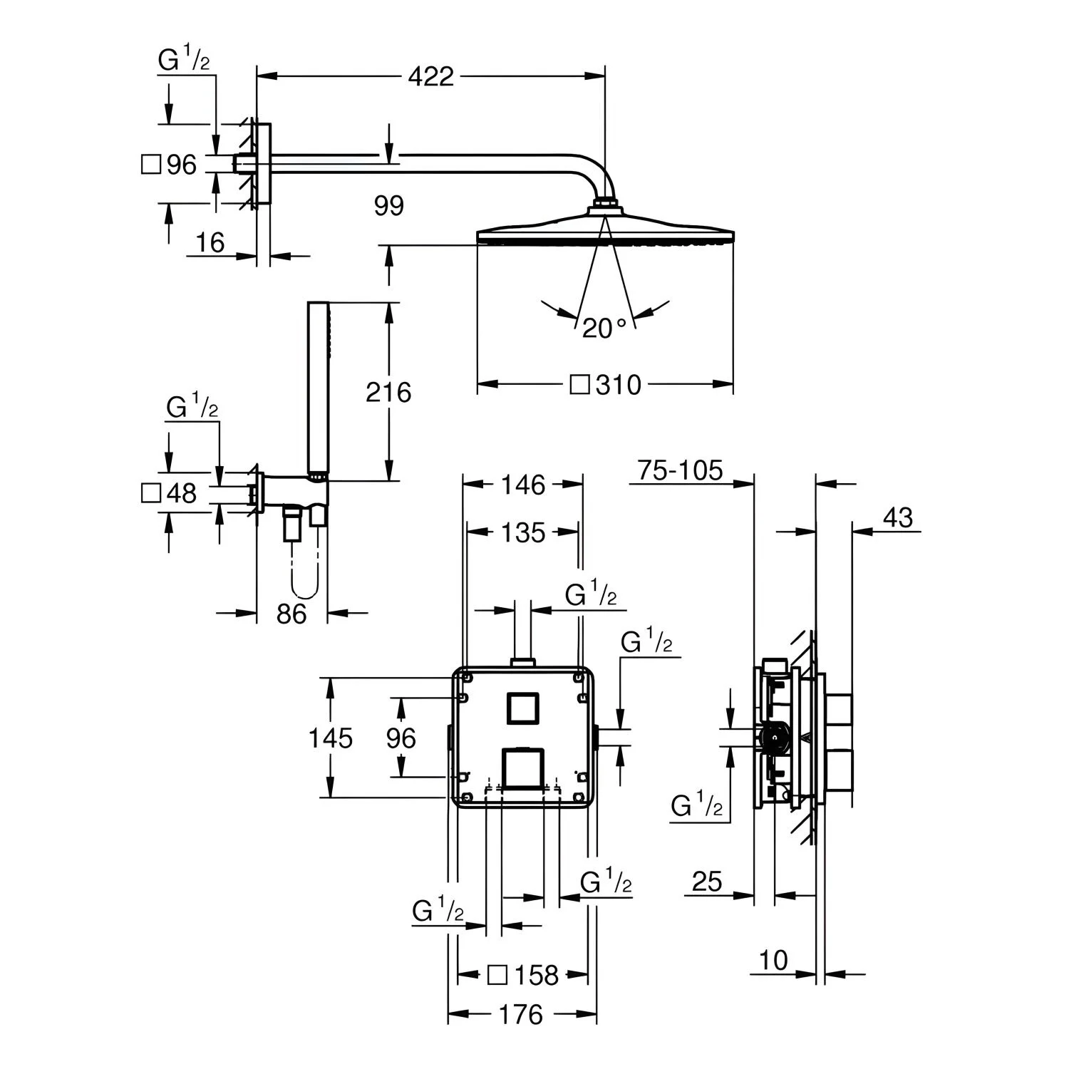 Rysunek techniczny systemu prysznicowego z wymiarami, Grohe