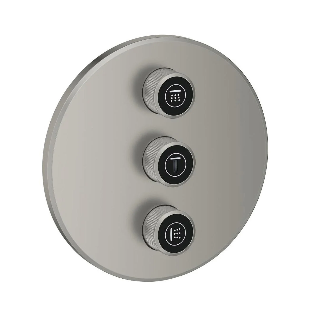 Widok z boku okrągłego srebrnego regulatora termostatu, Grohe