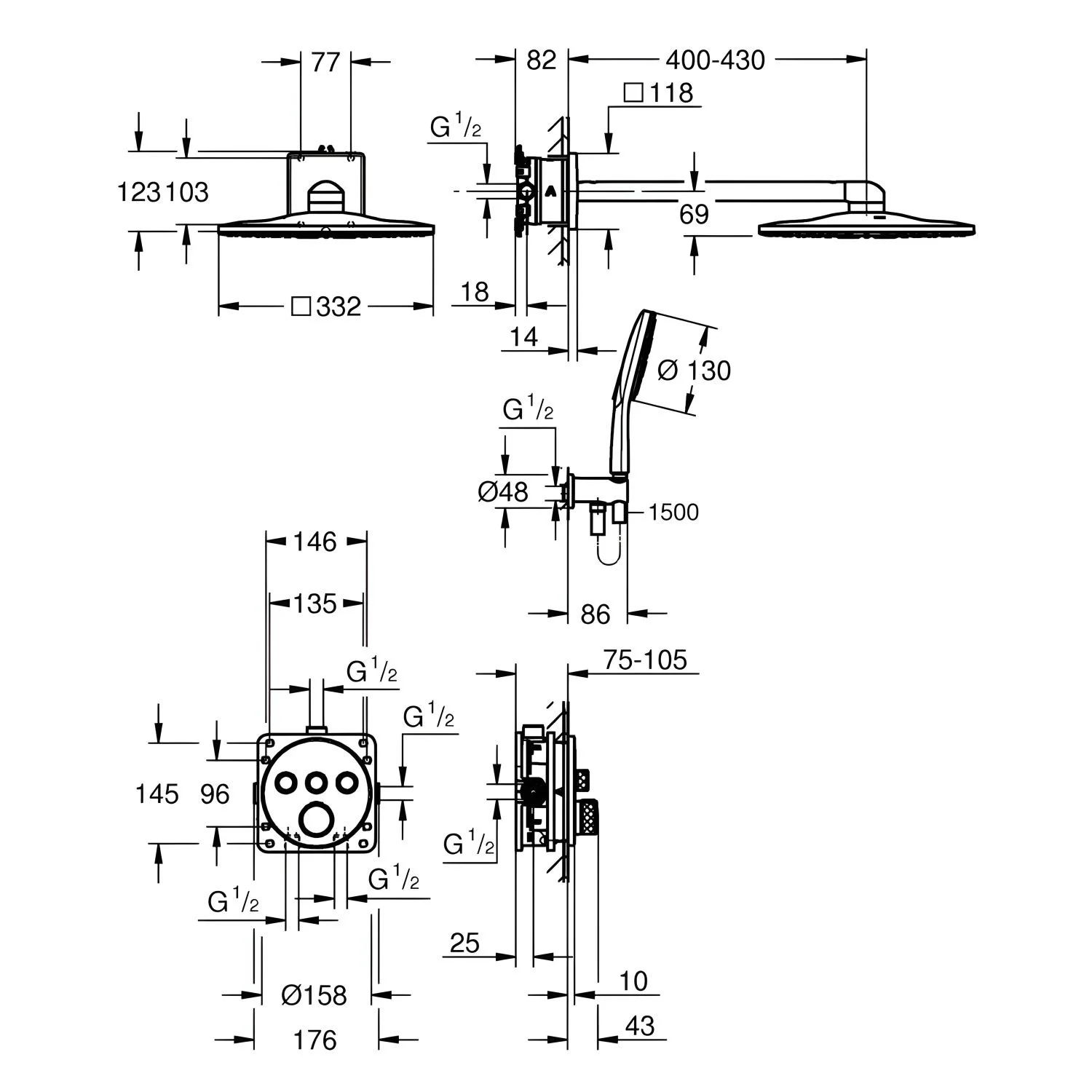 Rysunek techniczny systemu prysznicowego z wymiarami, Grohe
