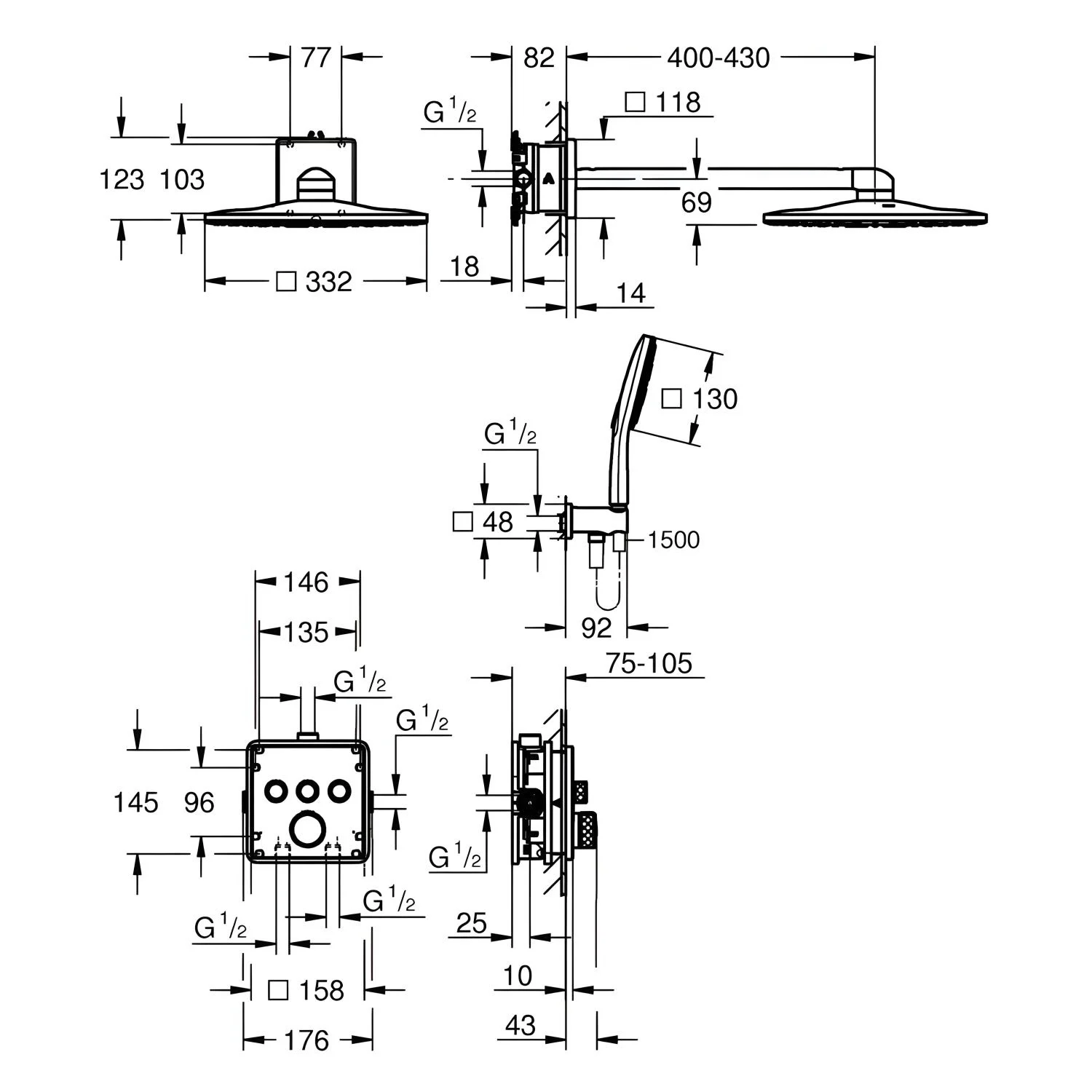 Rysunek techniczny systemu prysznicowego z wymiarami, Grohe