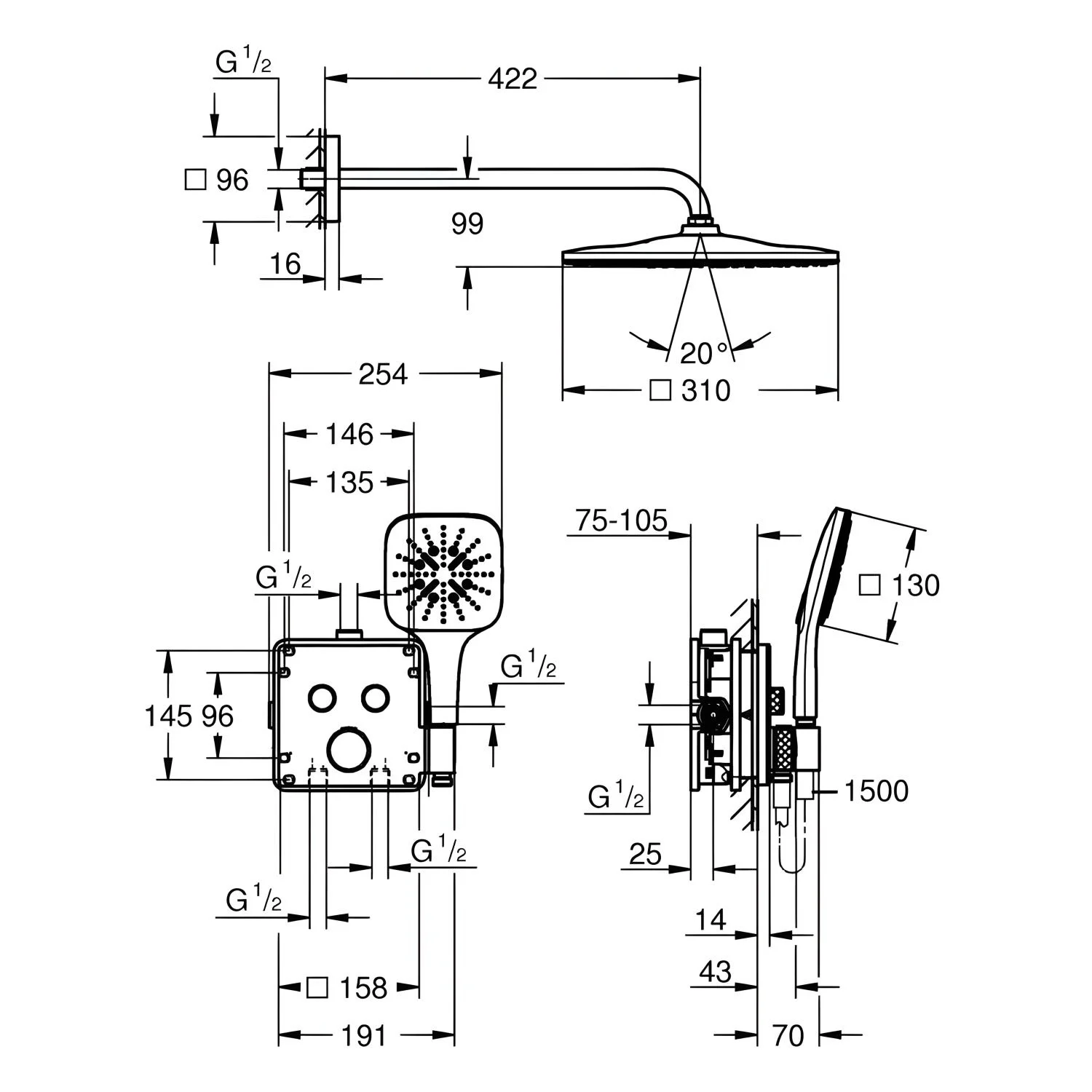 Rysunek techniczny systemu prysznicowego z wymiarami, Grohe