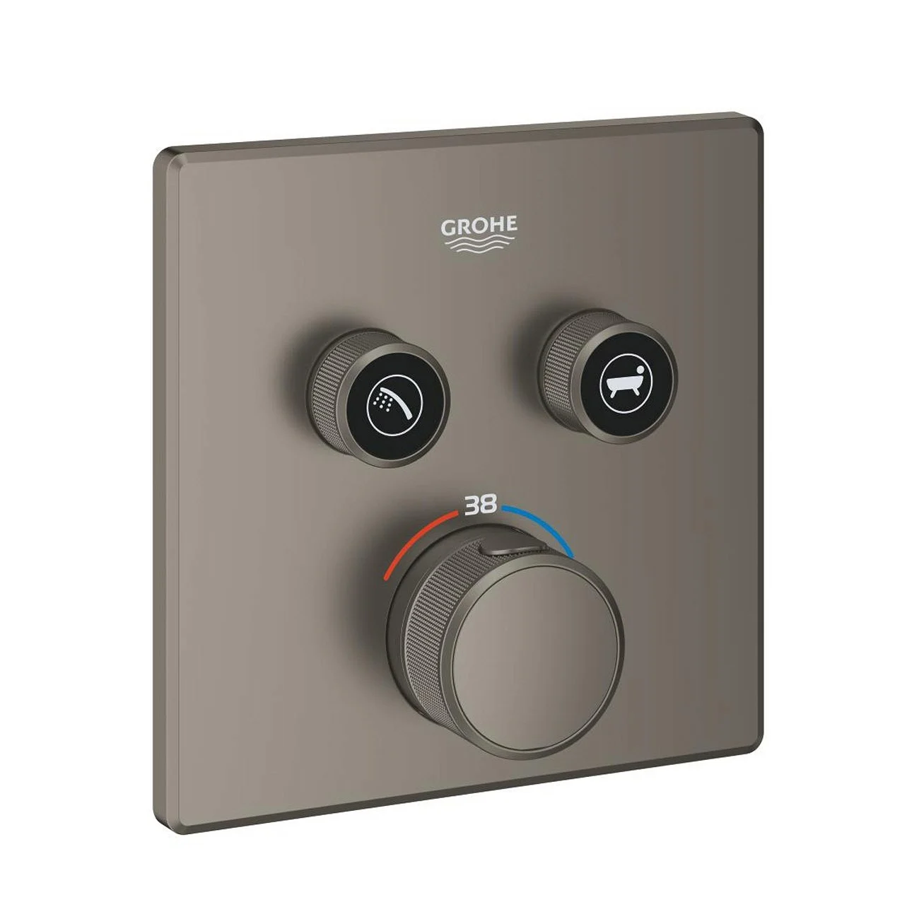 Widok z przodu ciemnego regulatora termostatu, Grohe