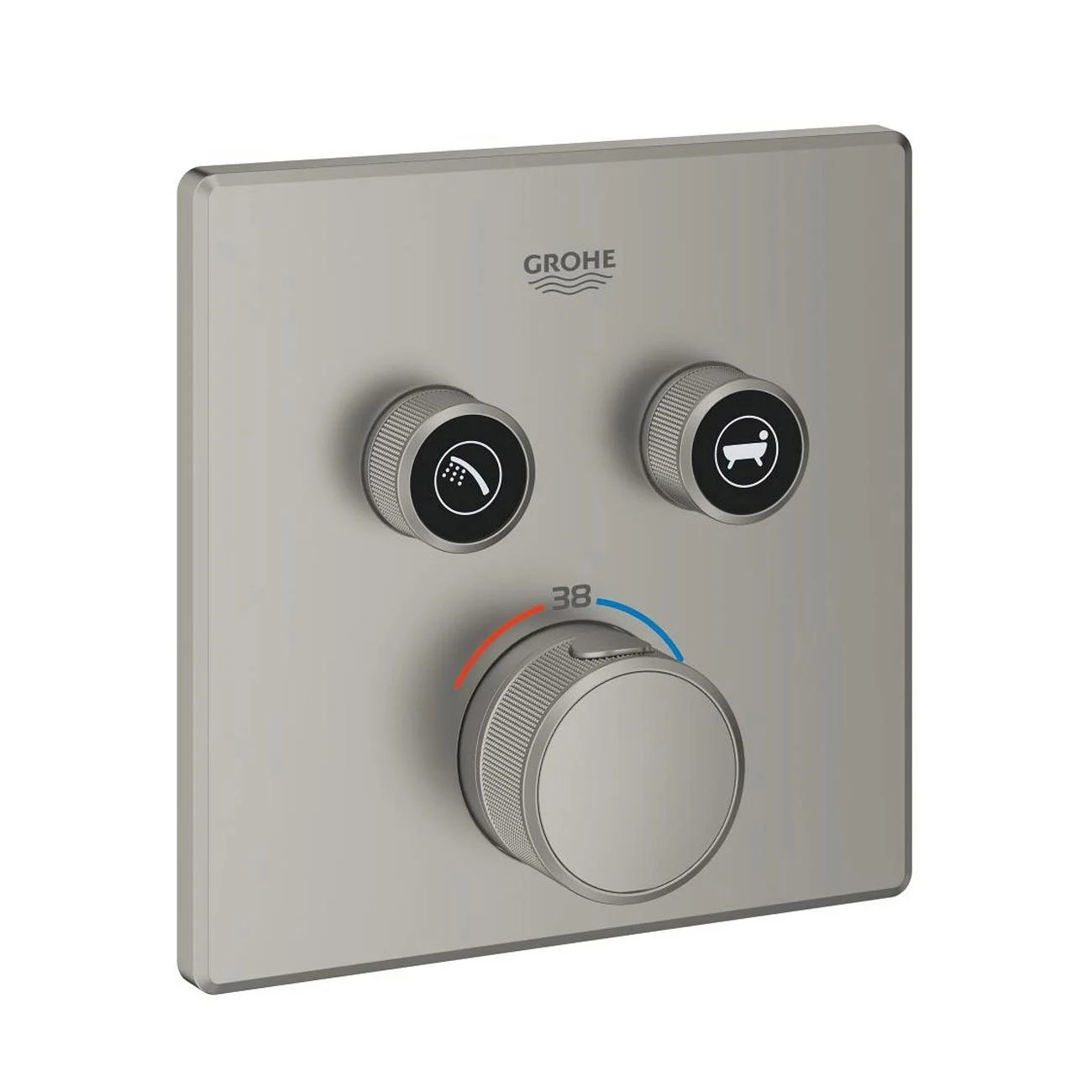 Widok z przodu srebrnego regulatora termostatu, Grohe
