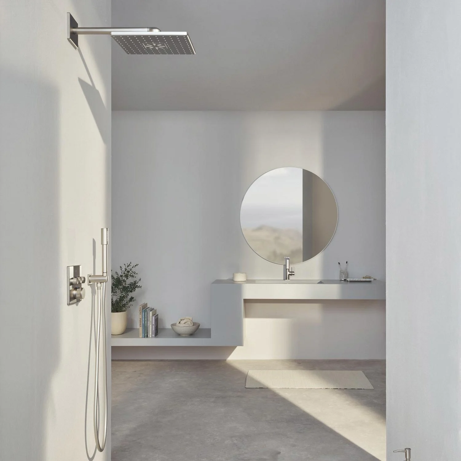 Minimalistyczna łazienka z deszczownicą i umywalką, Grohe