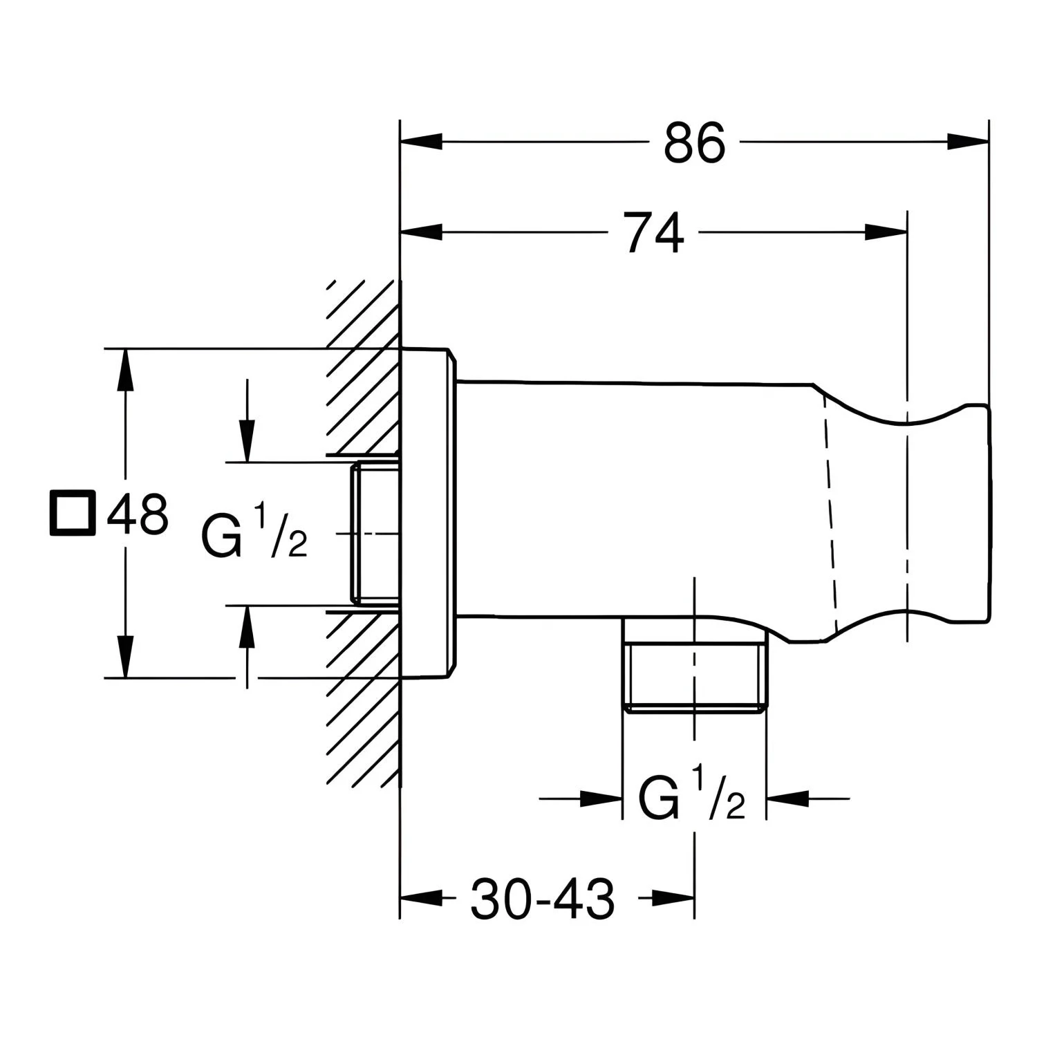 Rysunek techniczny kolanka ściennego z wymiarami, Grohe