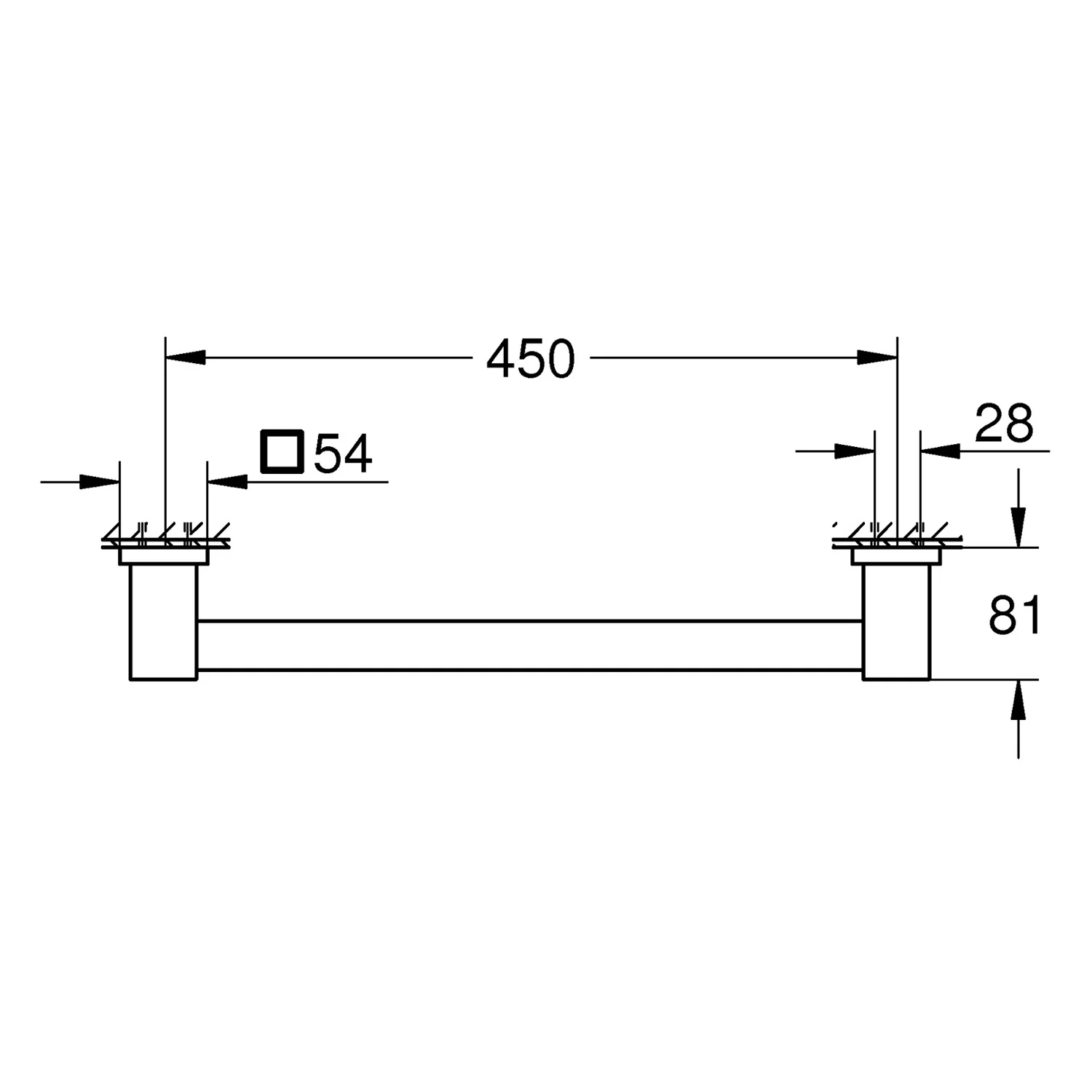 Rysunek techniczny uchwytu do wanny z wymiarami, Grohe