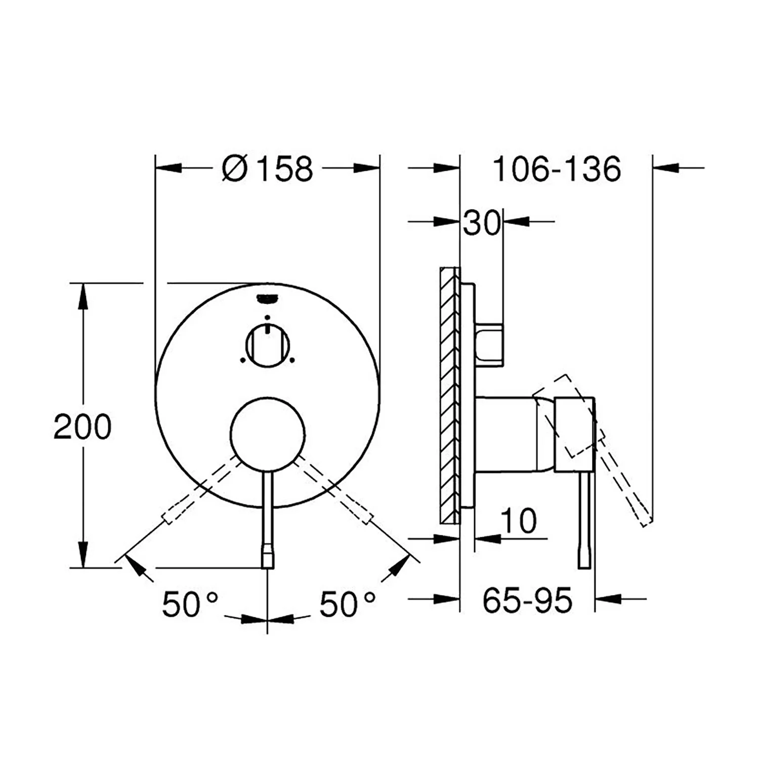 Rysunek techniczny baterii wannowej z wymiarami, Grohe