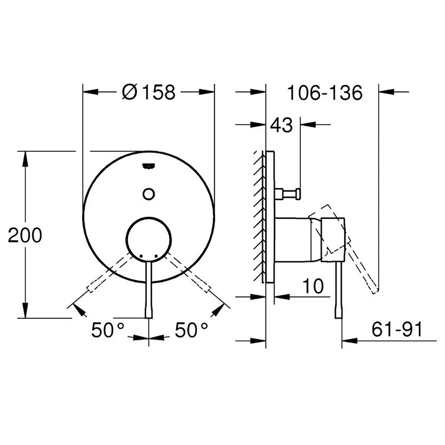 Rysunek techniczny kranu z wymiarami, GROHE
