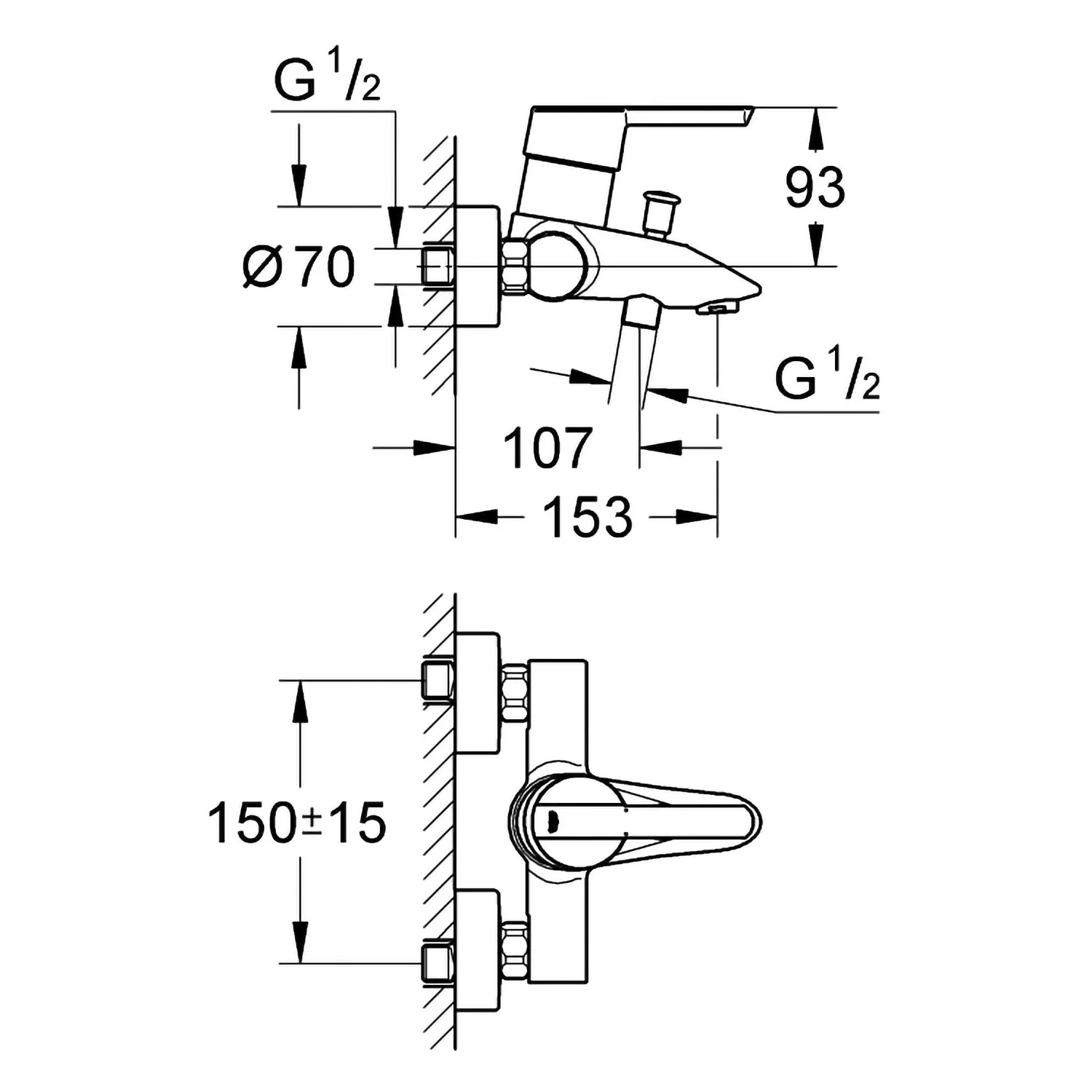 Rysunek techniczny baterii wannowej jednouchwytowej z wymiarami, Grohe