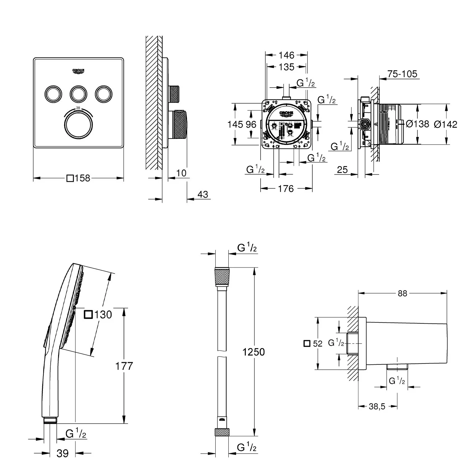 Rysunek techniczny systemu baterii termostatycznej, Grohe