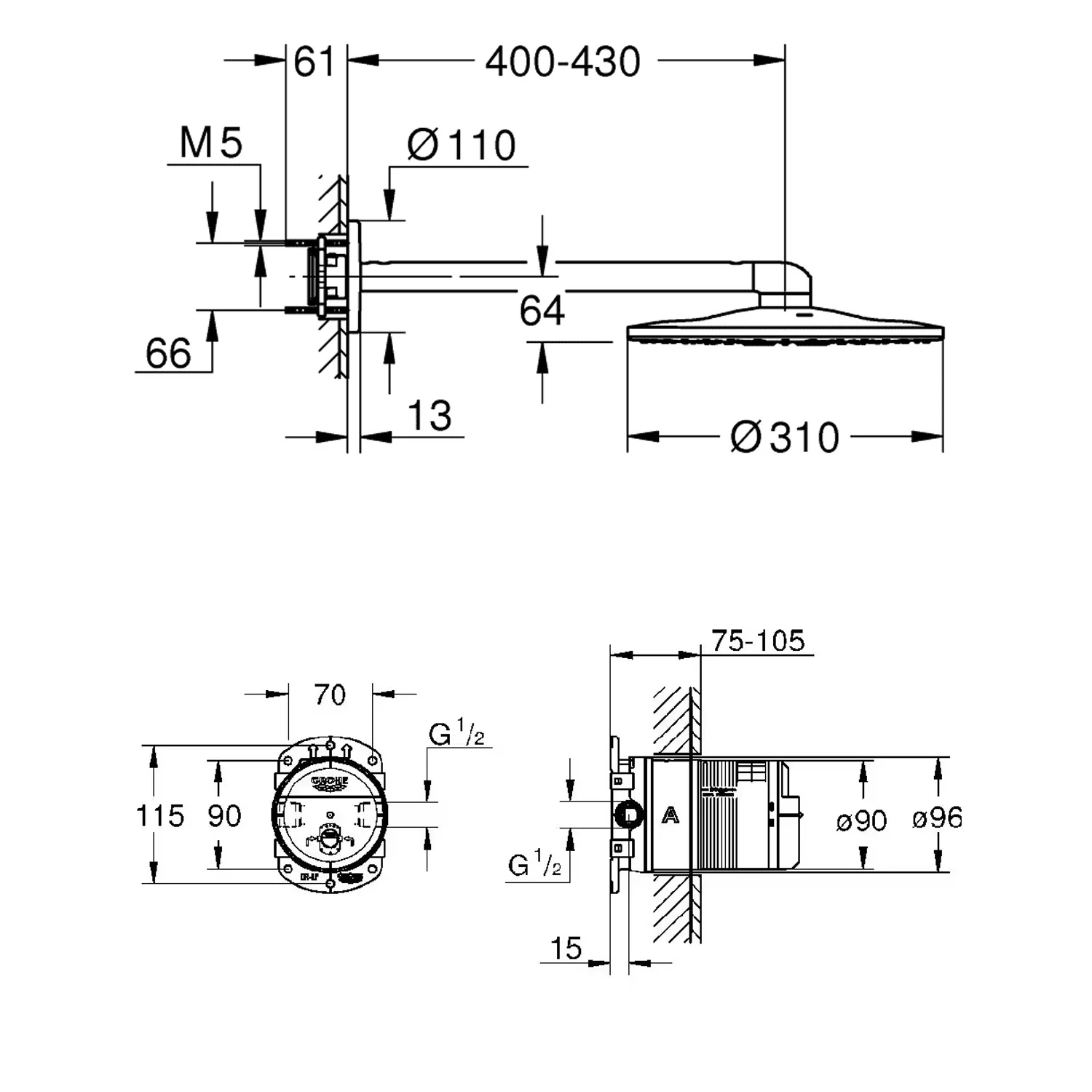 Rysunek techniczny armatury prysznicowej z wymiarami, Grohe