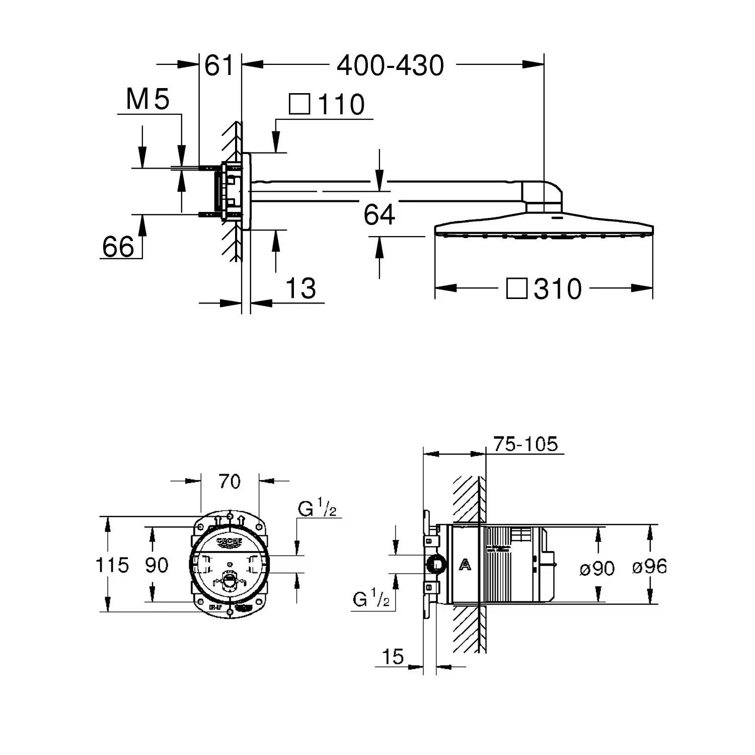 Rysunek techniczny armatury prysznicowej z wymiarami, Grohe