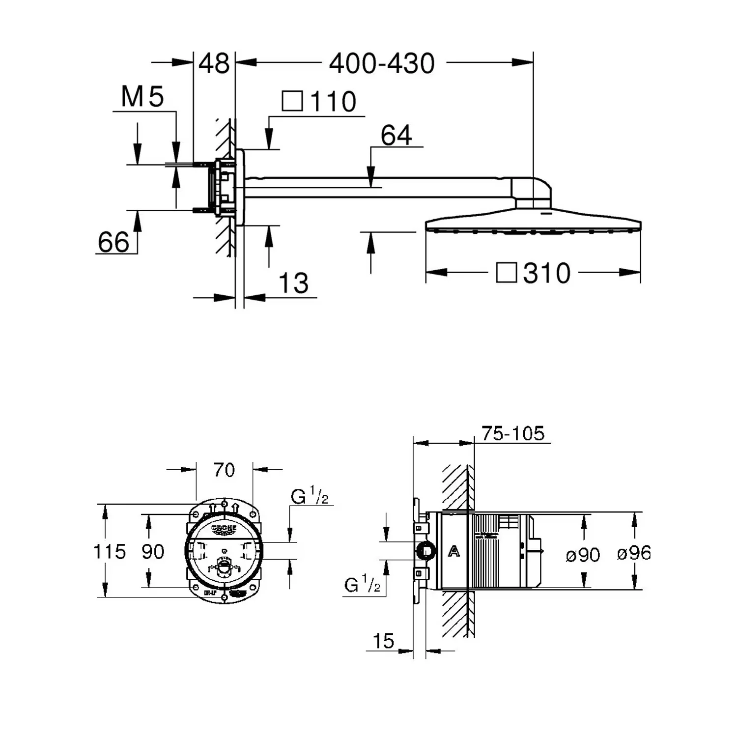 Rysunek techniczny armatury prysznicowej z wymiarami, Grohe