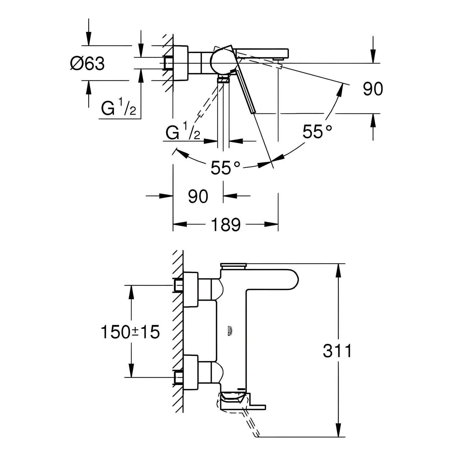 Rysunek techniczny baterii wannowej z wymiarami, Grohe