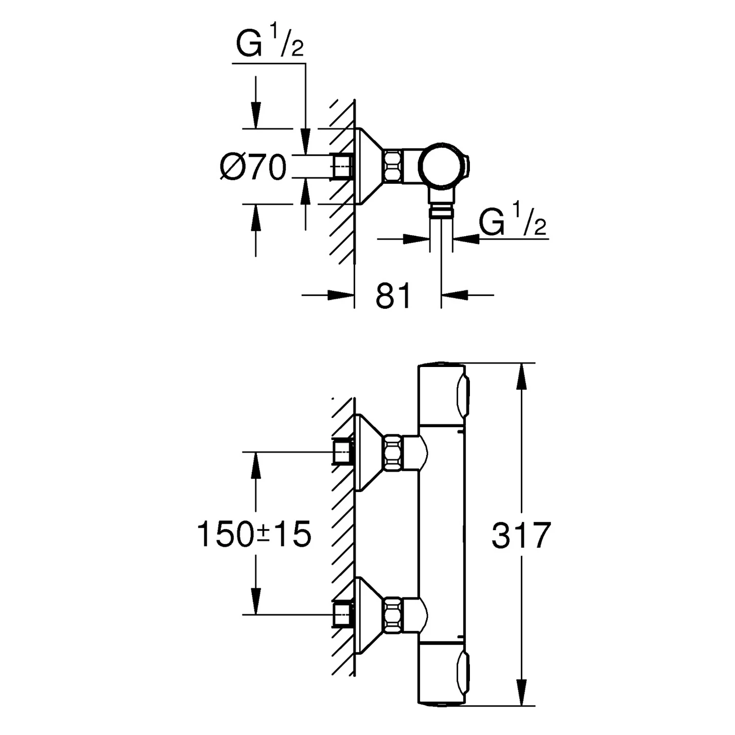 Rysunek techniczny armatury prysznicowej z wymiarami, Grohe