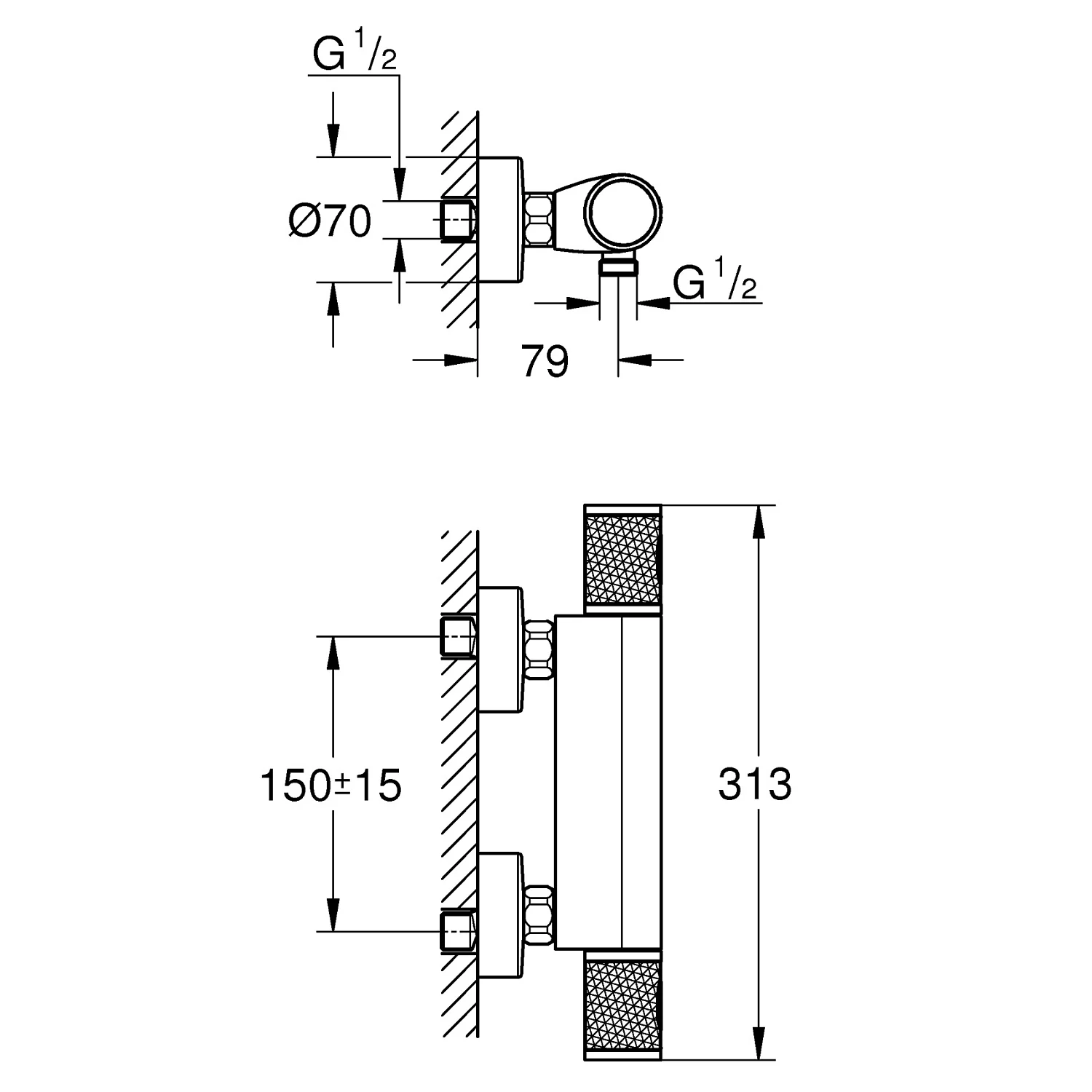 Rysunek techniczny termostatu prysznicowego, Grohe