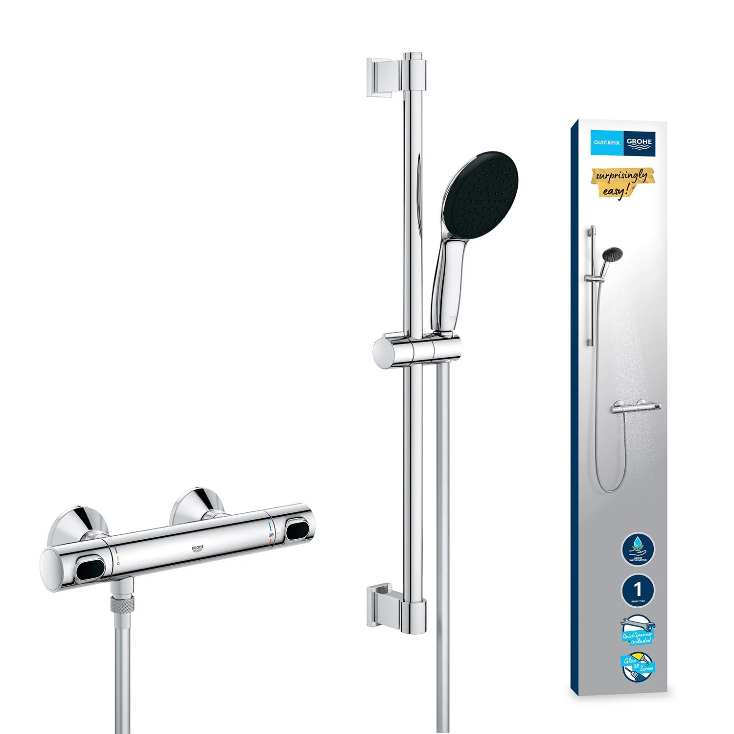 Termostatyczna bateria prysznicowa z zestawem prysznicowym widok z boku, Grohe