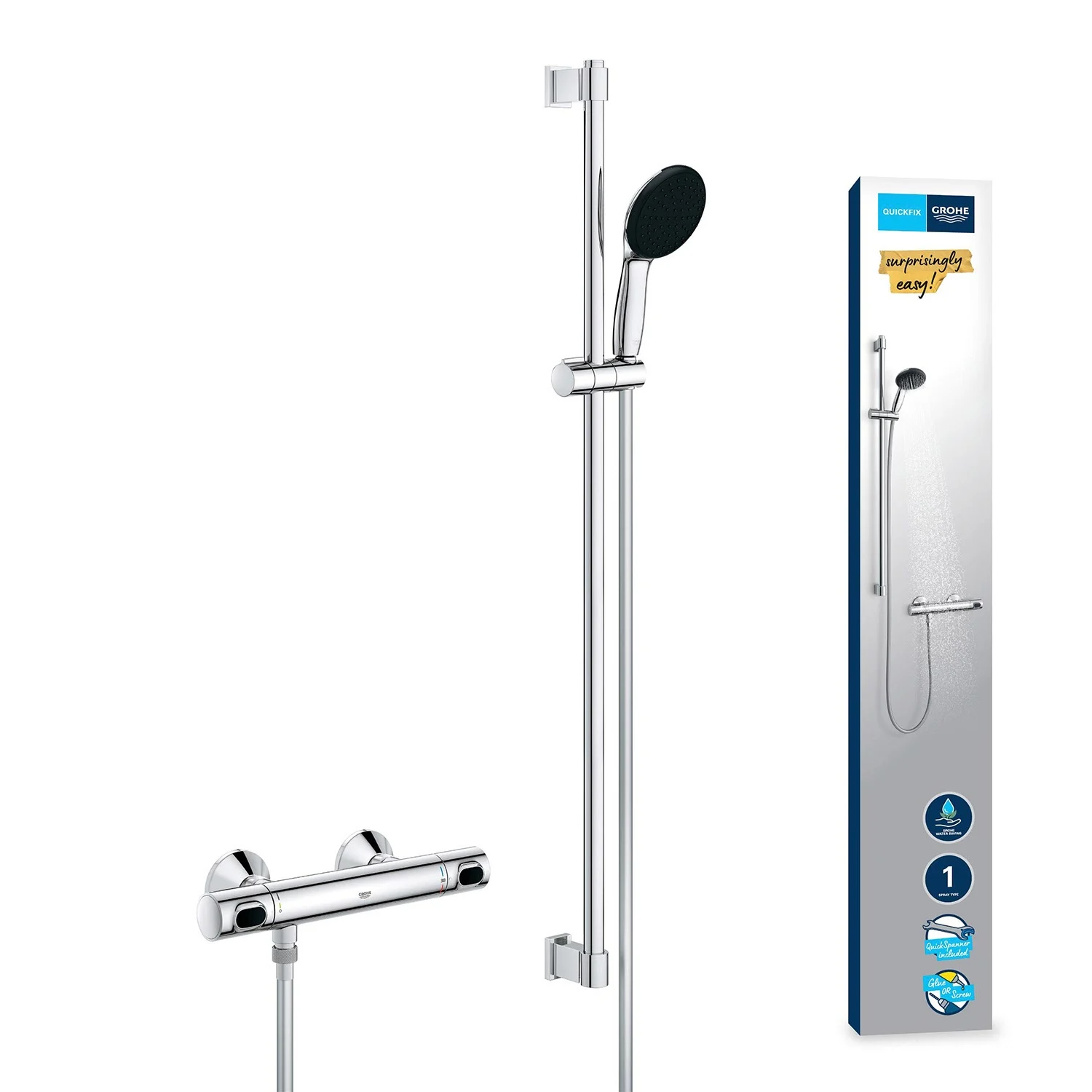 Termostatyczna bateria prysznicowa z zestawem prysznicowym widok z boku, Grohe