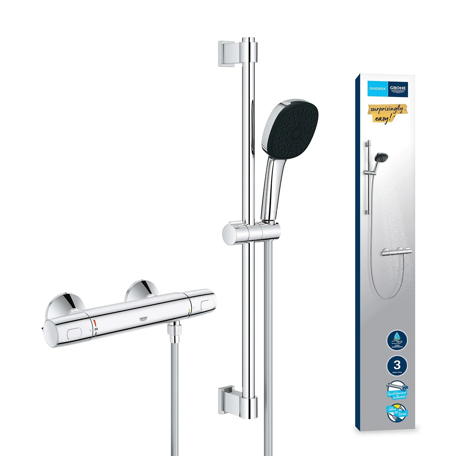 Termostatyczna bateria prysznicowa z zestawem prysznicowym widok z boku, Grohe
