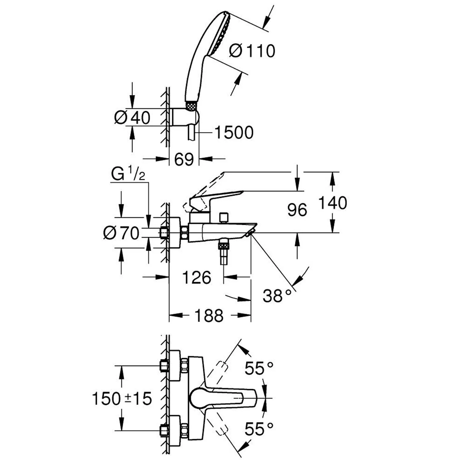 Rysunek techniczny baterii wannowej z wymiarami, Grohe
